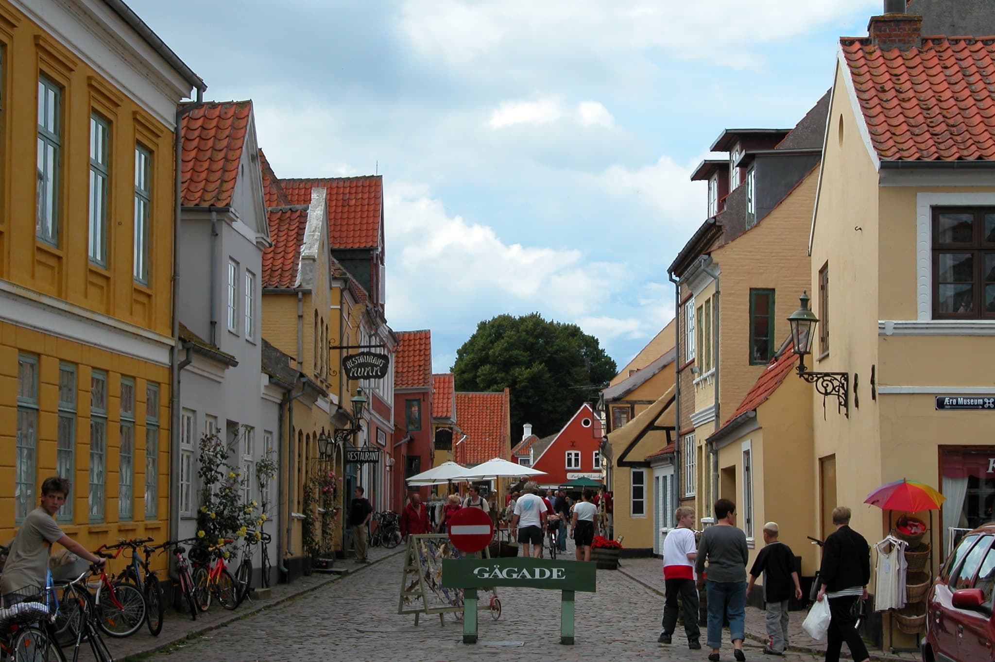 Cobbled fairytale street of 18th-century half-timbered cottages in Ærøskøbing on the island of Ærø