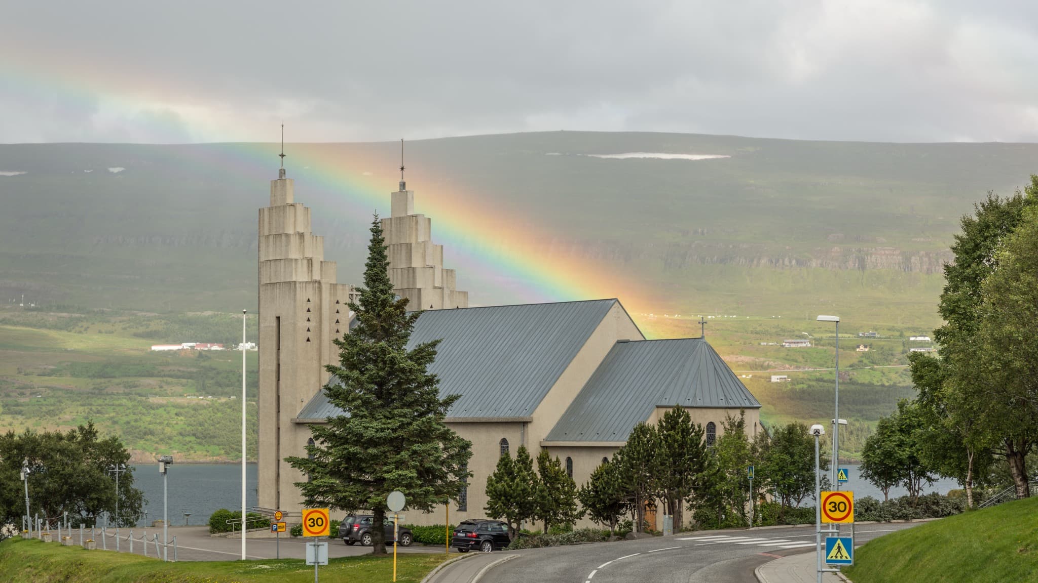 Akureyri church and colourful townhouses along Eyjafjörður in North Iceland