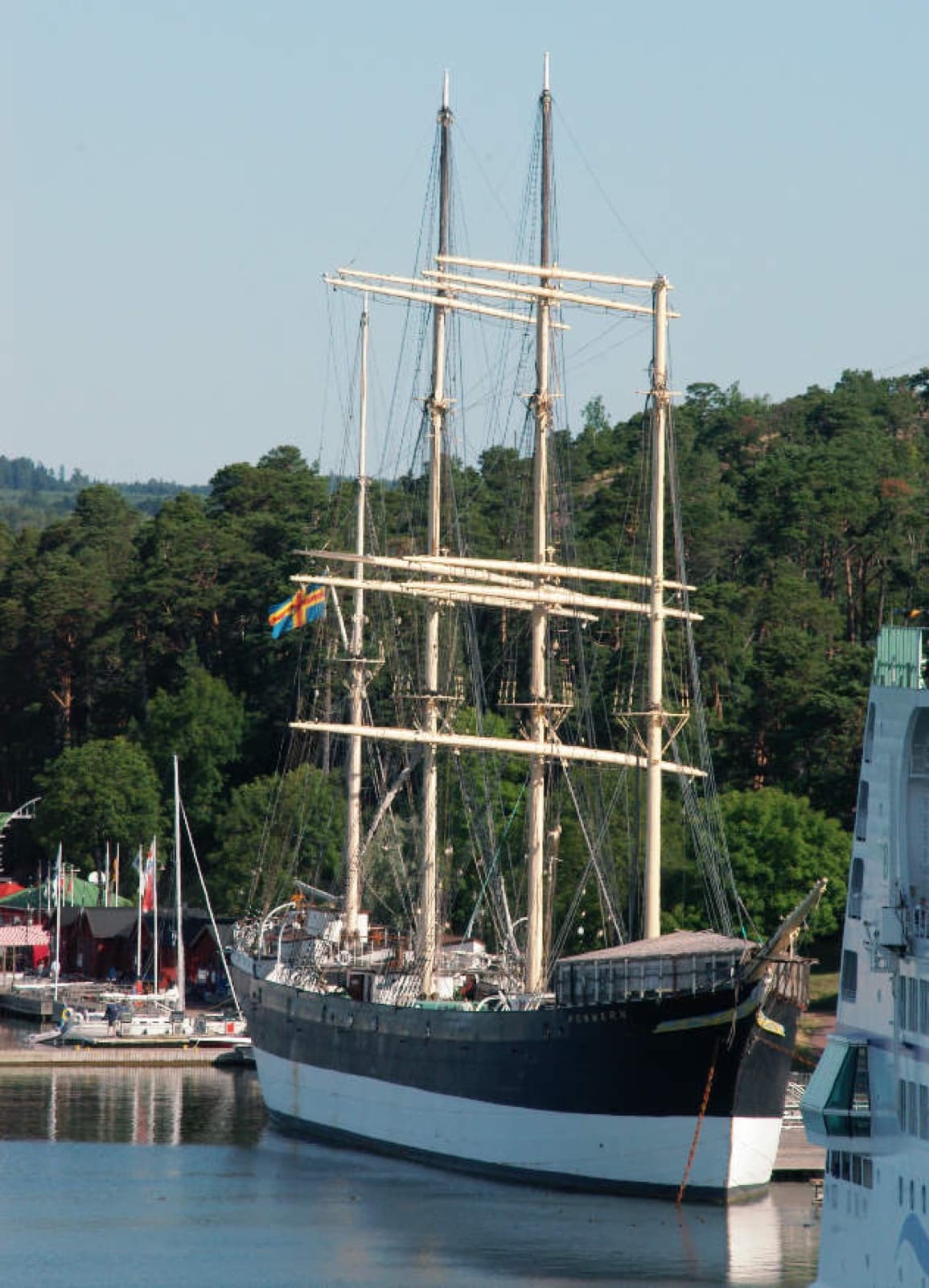 The historic four-masted sailing barque Pommern moored beside the Åland Maritime Museum in Mariehamn Harbour