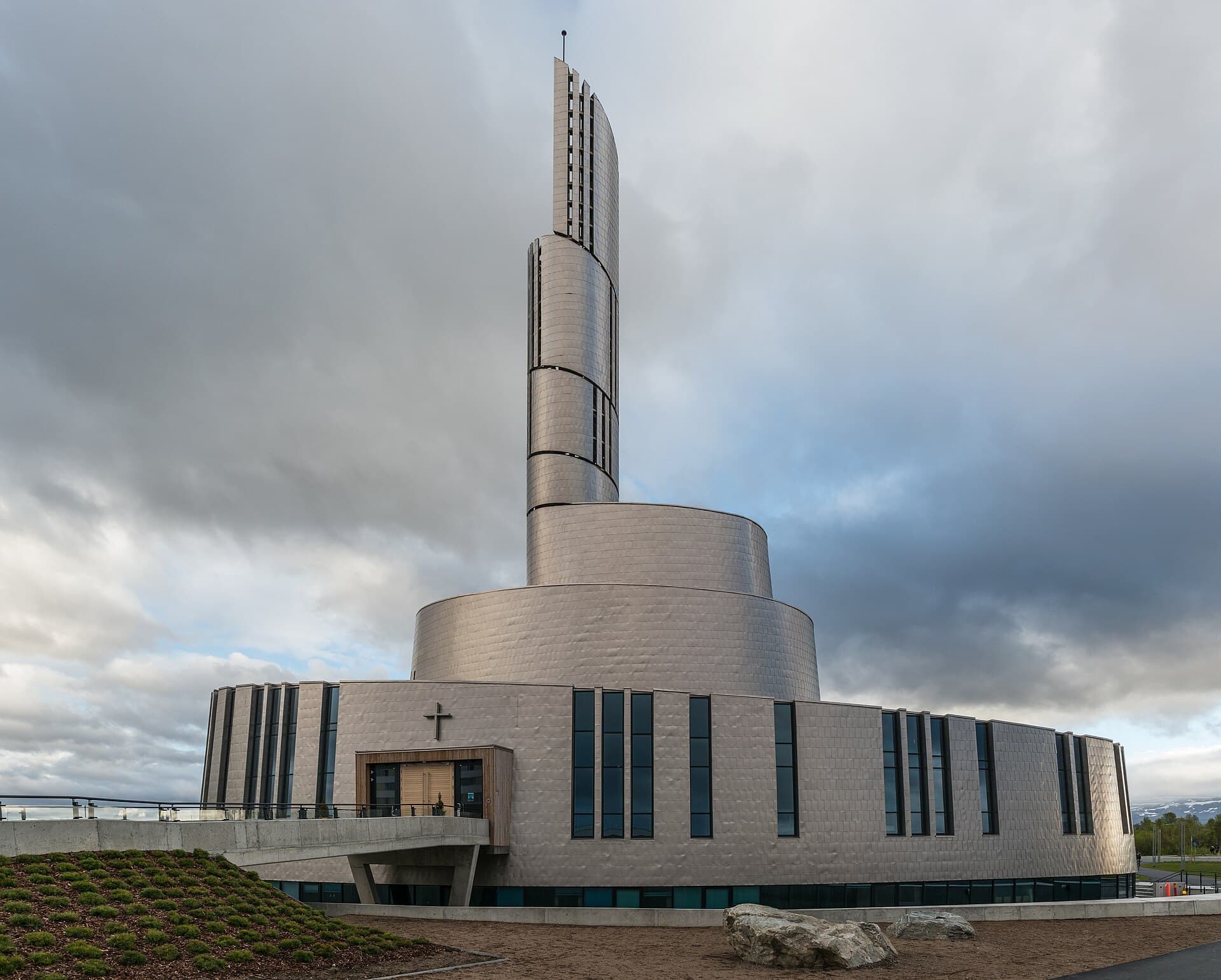 The spiralling titanium spire of the Northern Lights Cathedral against the Arctic sky in Alta.