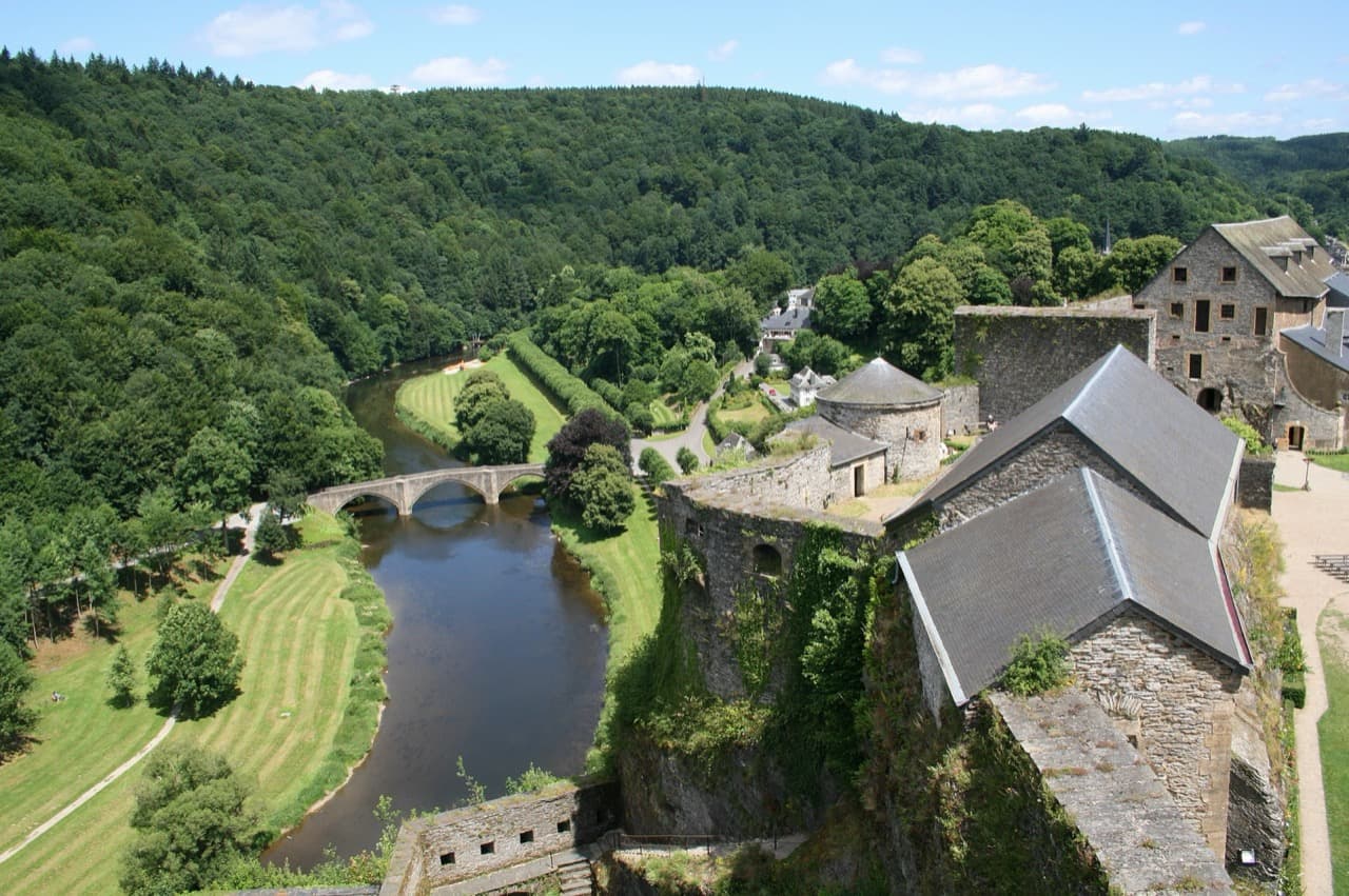 Bouillon Castle perched high on a ridge above the looping Semois River in the Belgian Ardennes