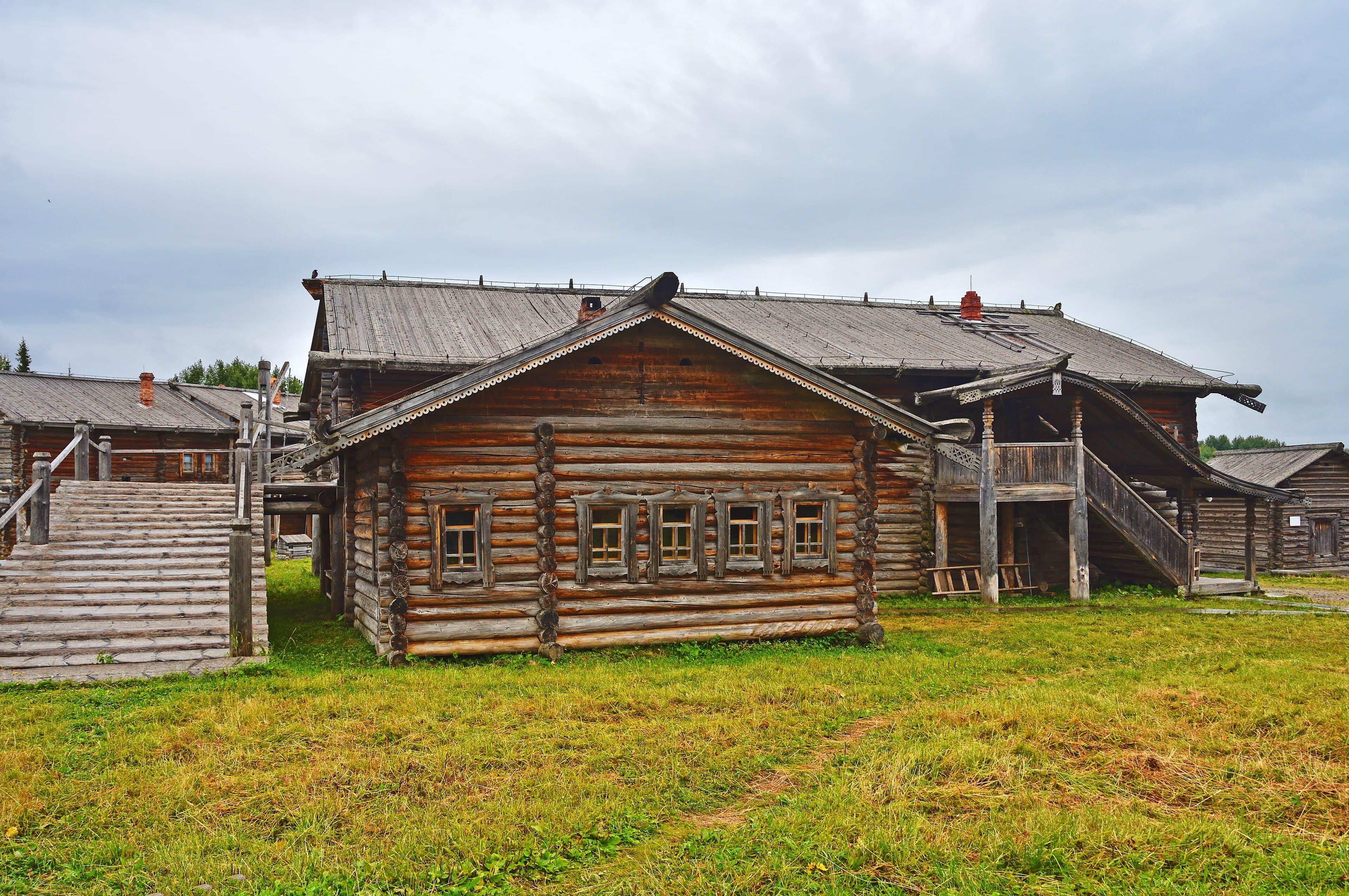 Wooden houses and churches at Malye Korely near Arkhangelsk