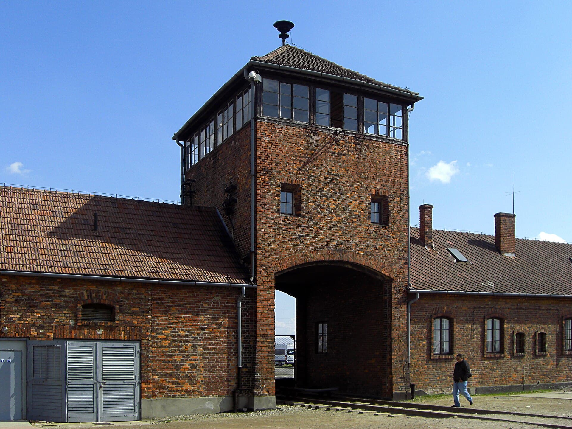 The brick entrance gatehouse and railway tracks of Auschwitz II-Birkenau memorial