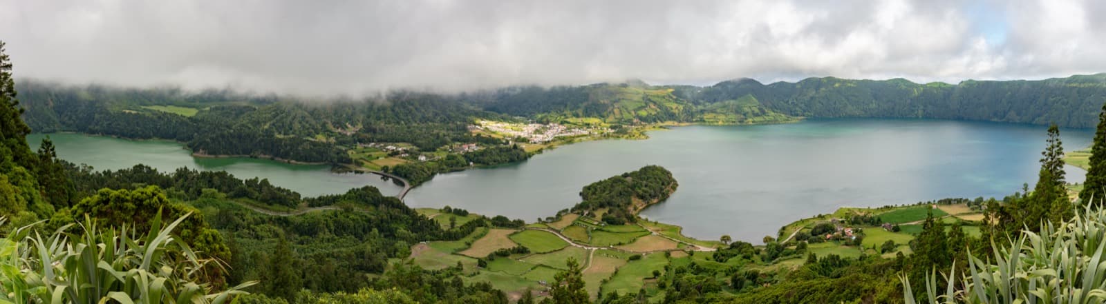 Twin blue and green volcanic crater lakes of Sete Cidades in São Miguel, Azores