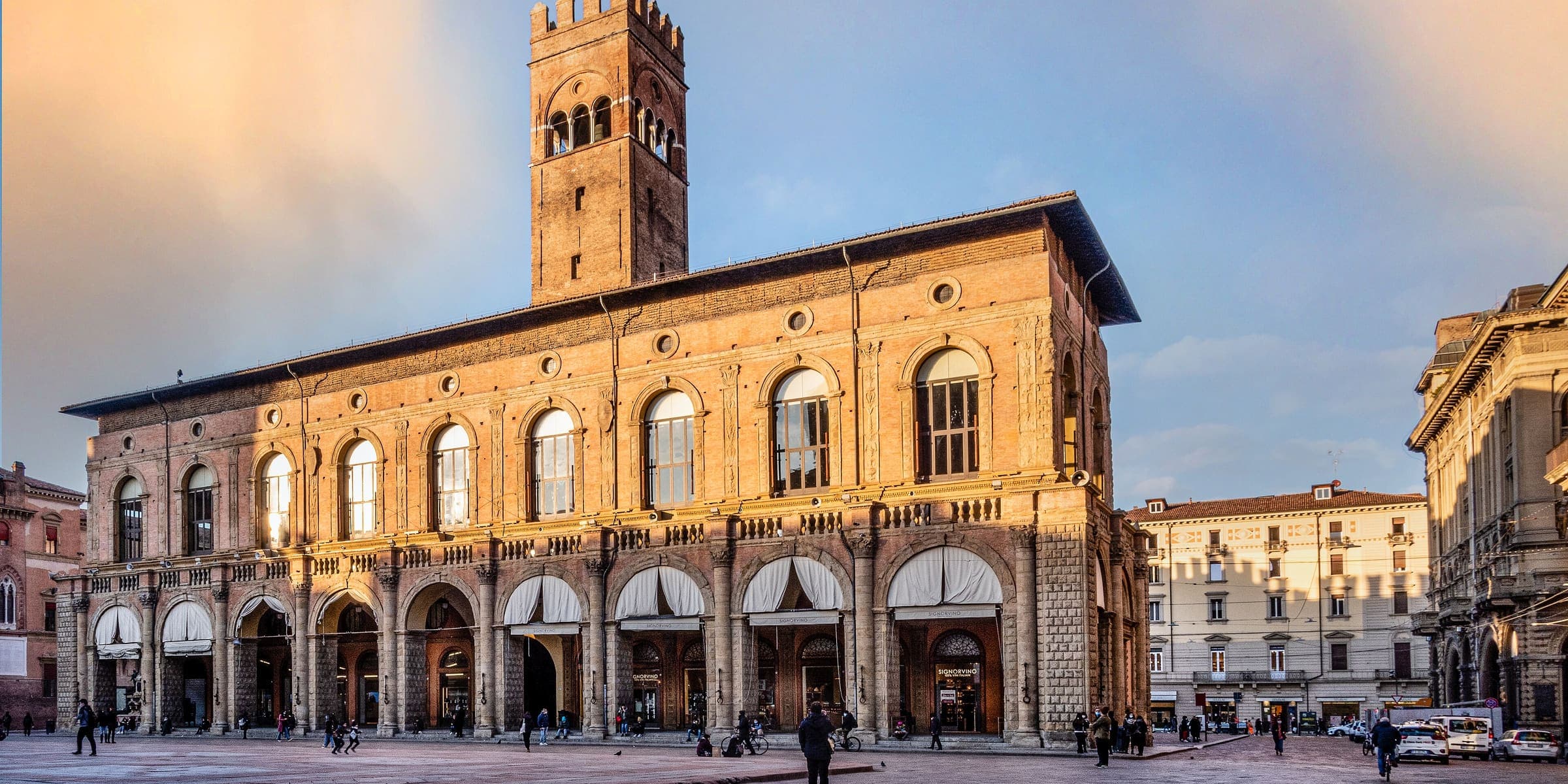 Palazzo del Podestà on Piazza Maggiore in Bologna at golden hour