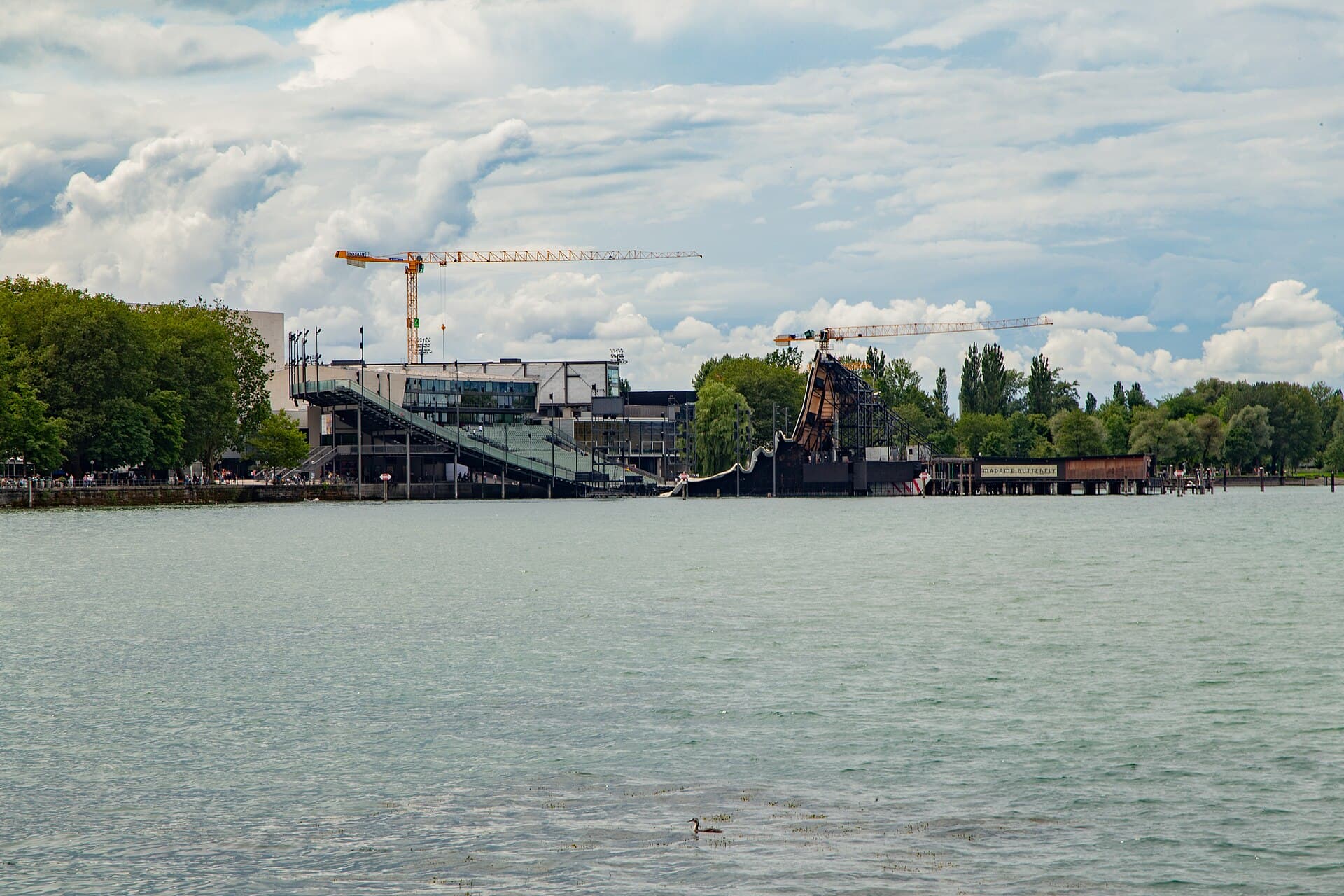 The world-famous open-air floating festival stage (Seebühne) of the Bregenz Festival moored on Lake Constance