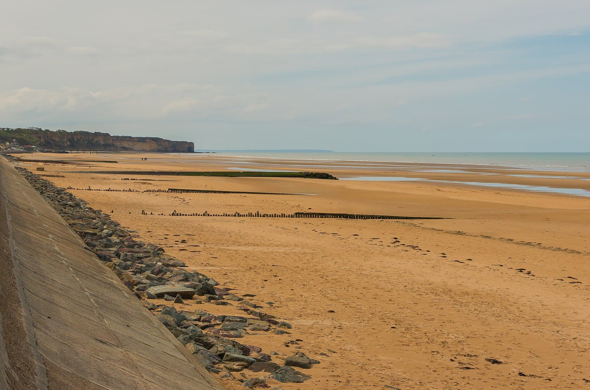Omaha Beach in Normandy at low tide, seen from the Dog Red sector