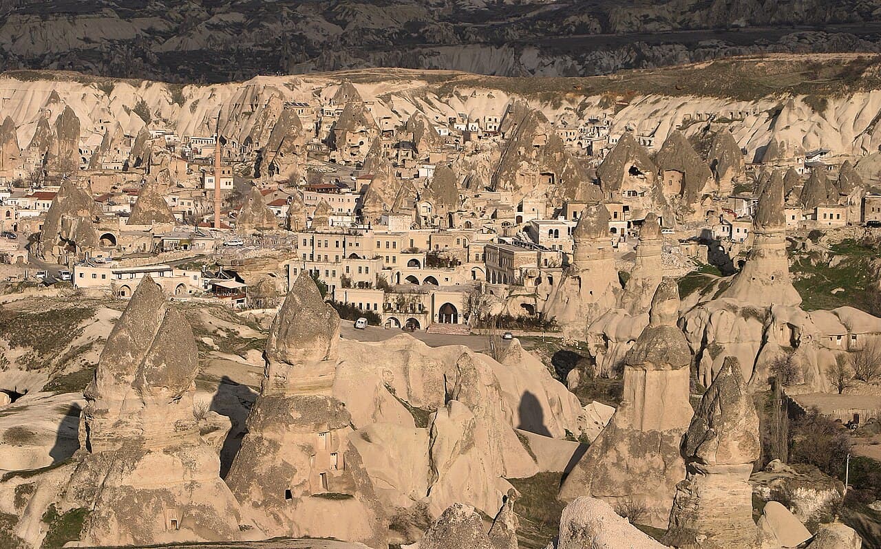 Eroded fairy chimney rock formations and valleys across Cappadocia near Göreme