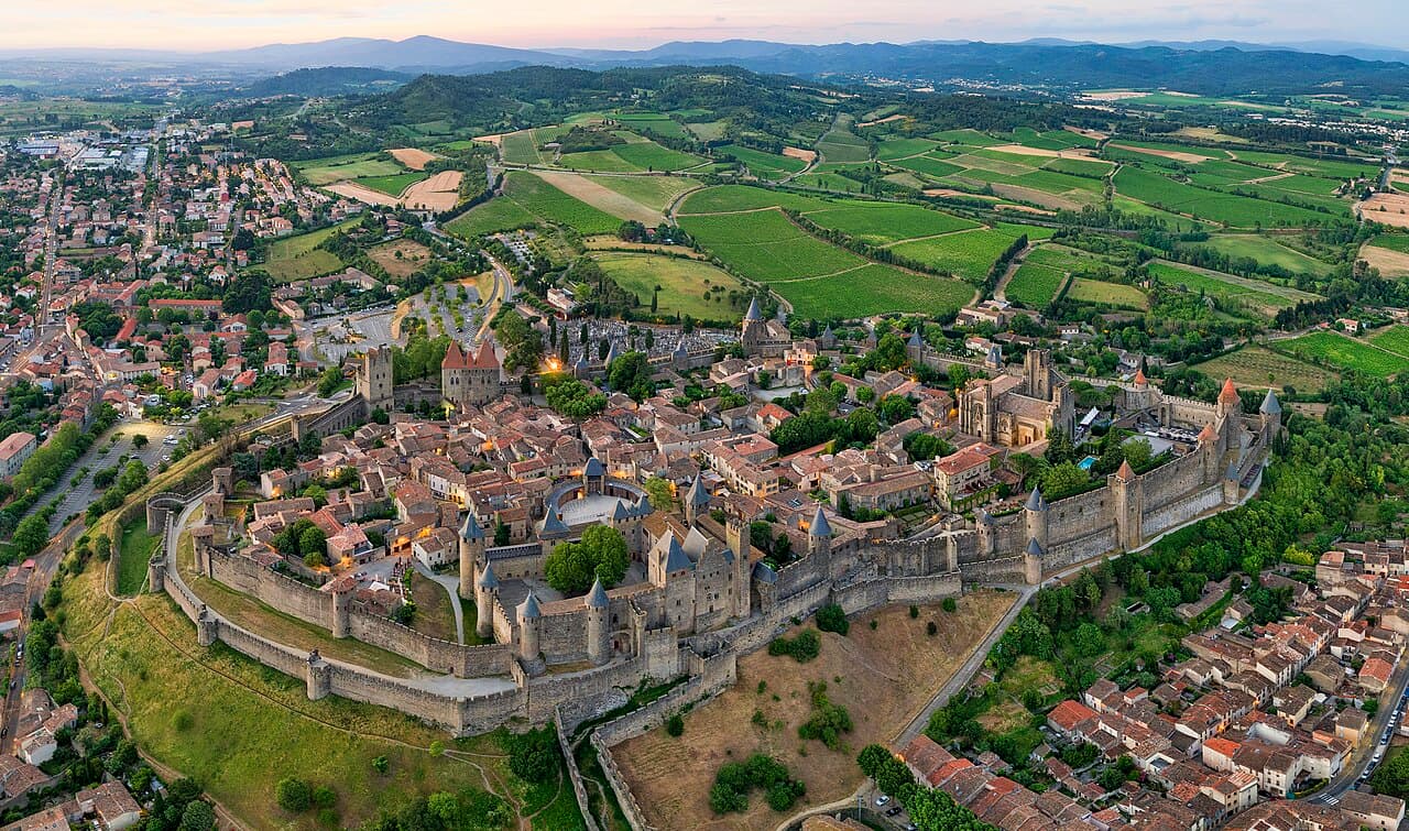 Aerial view of the fortified citadel of Carcassonne and its stone towers