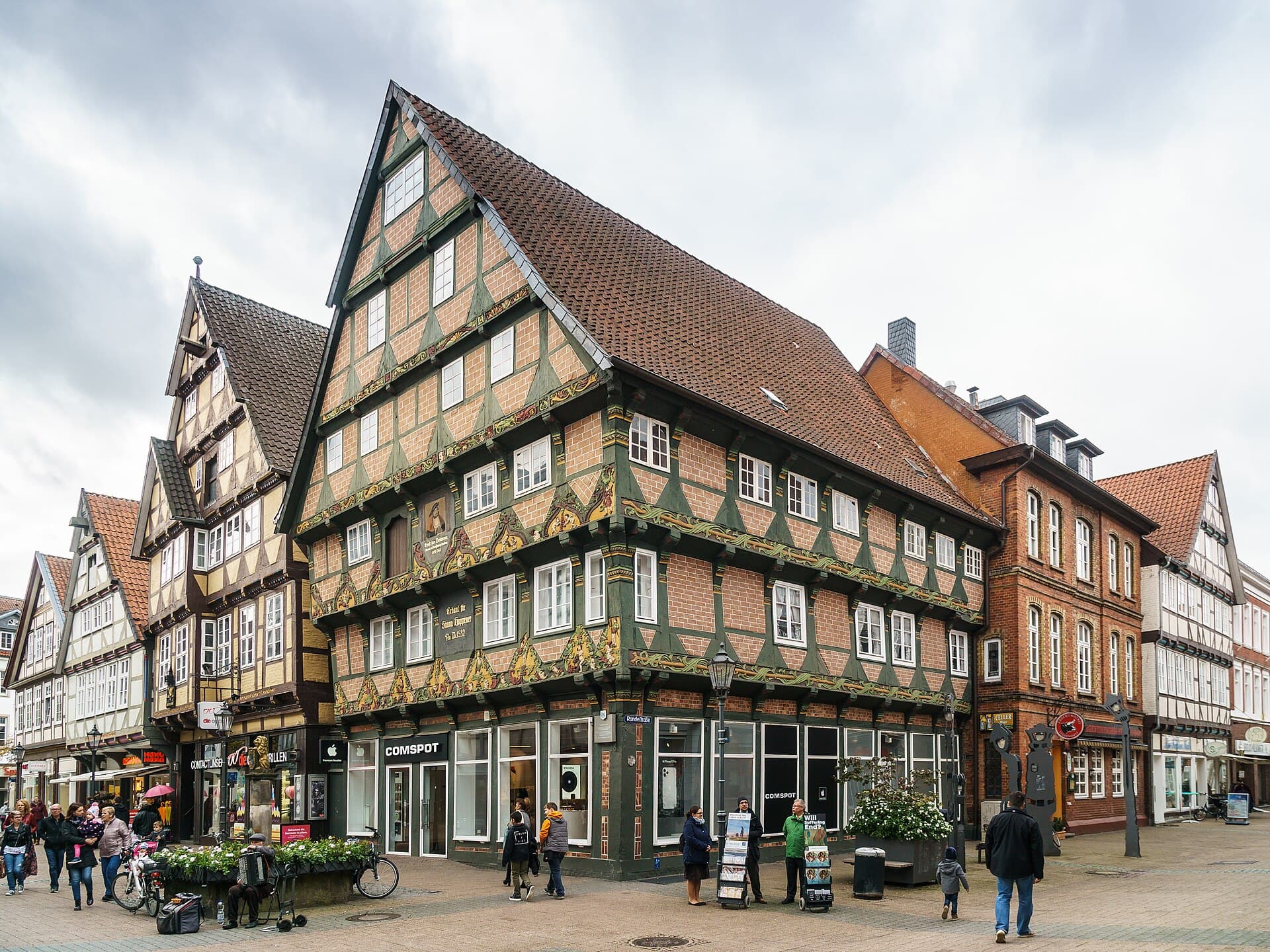 Carved Renaissance timber façade of the 1532 Hoppener Haus in Celle
