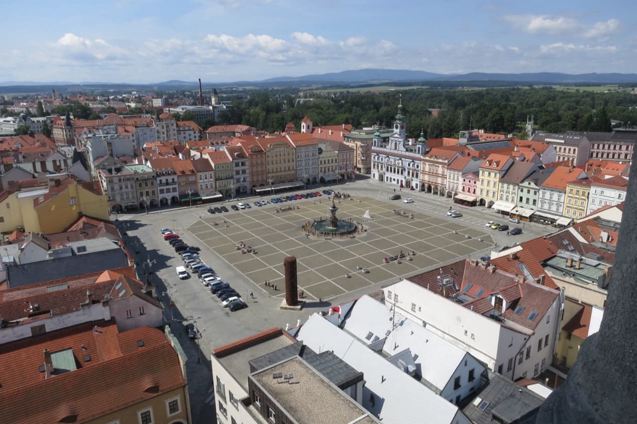 The grand arcaded square of Přemysl Otakar II with Samson's Fountain seen from the Black Tower in České Budějovice
