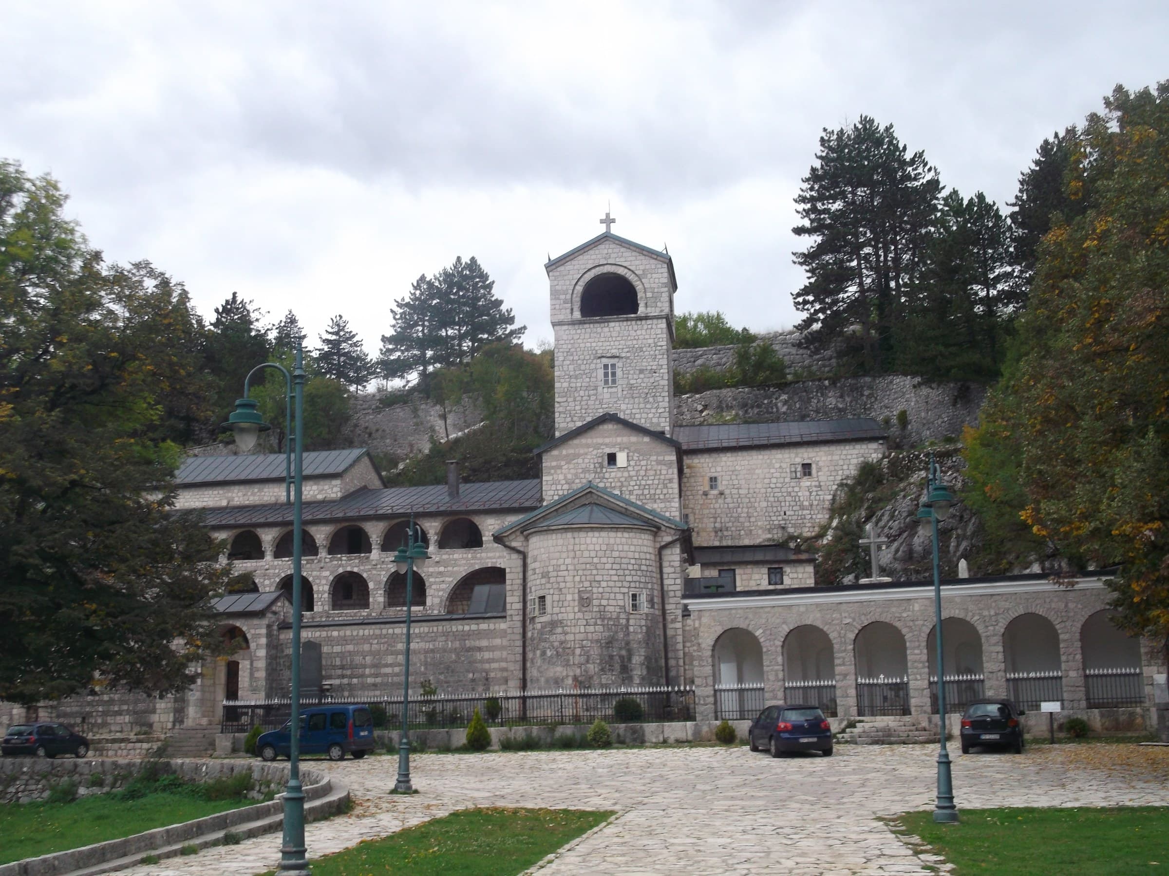 Historic neoclassical embassies and tree-lined pedestrian avenue in Cetinje, historical capital of Montenegro