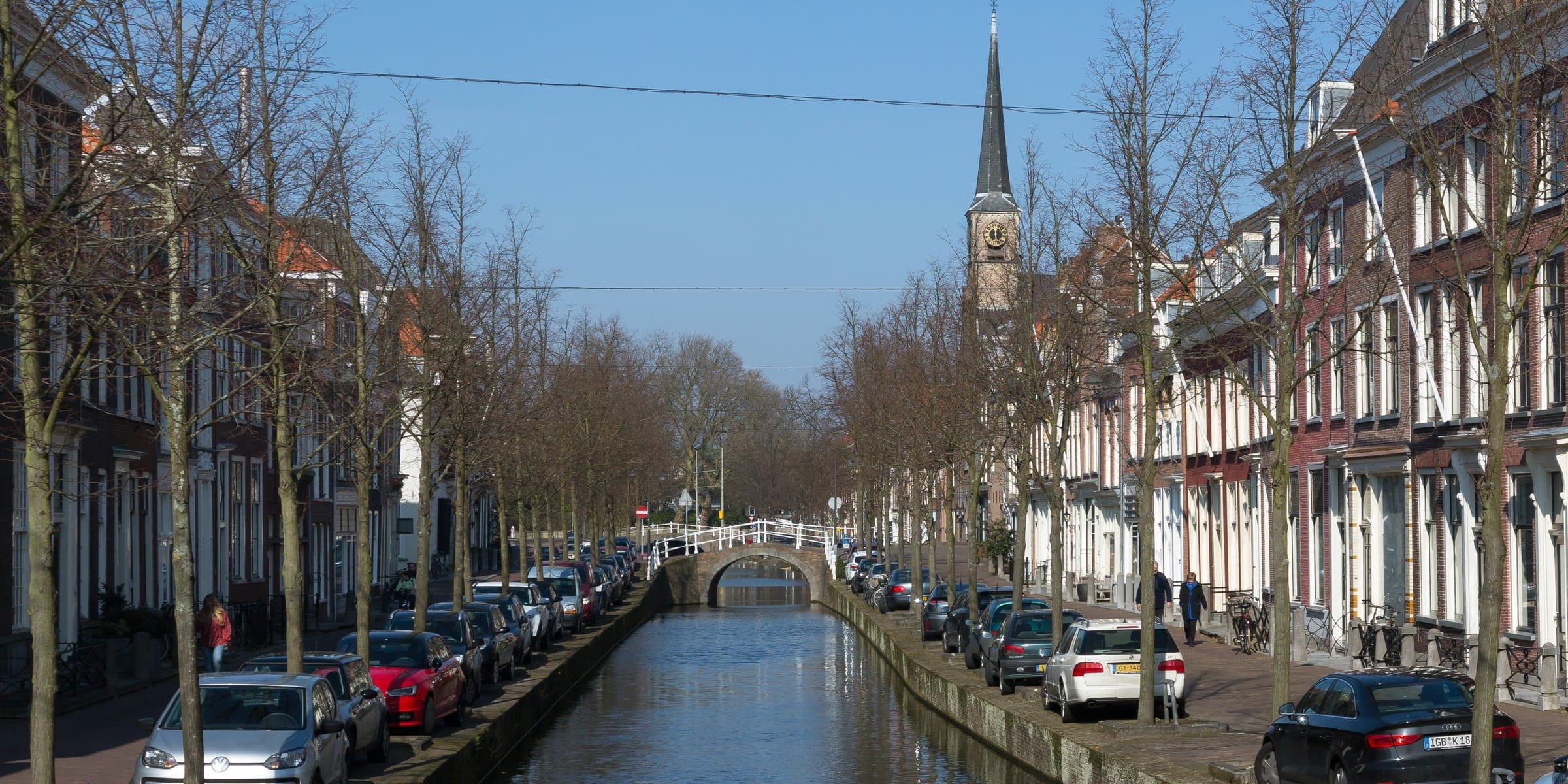 Canal view along the historic tree-lined Oude Delft in the heart of Delft