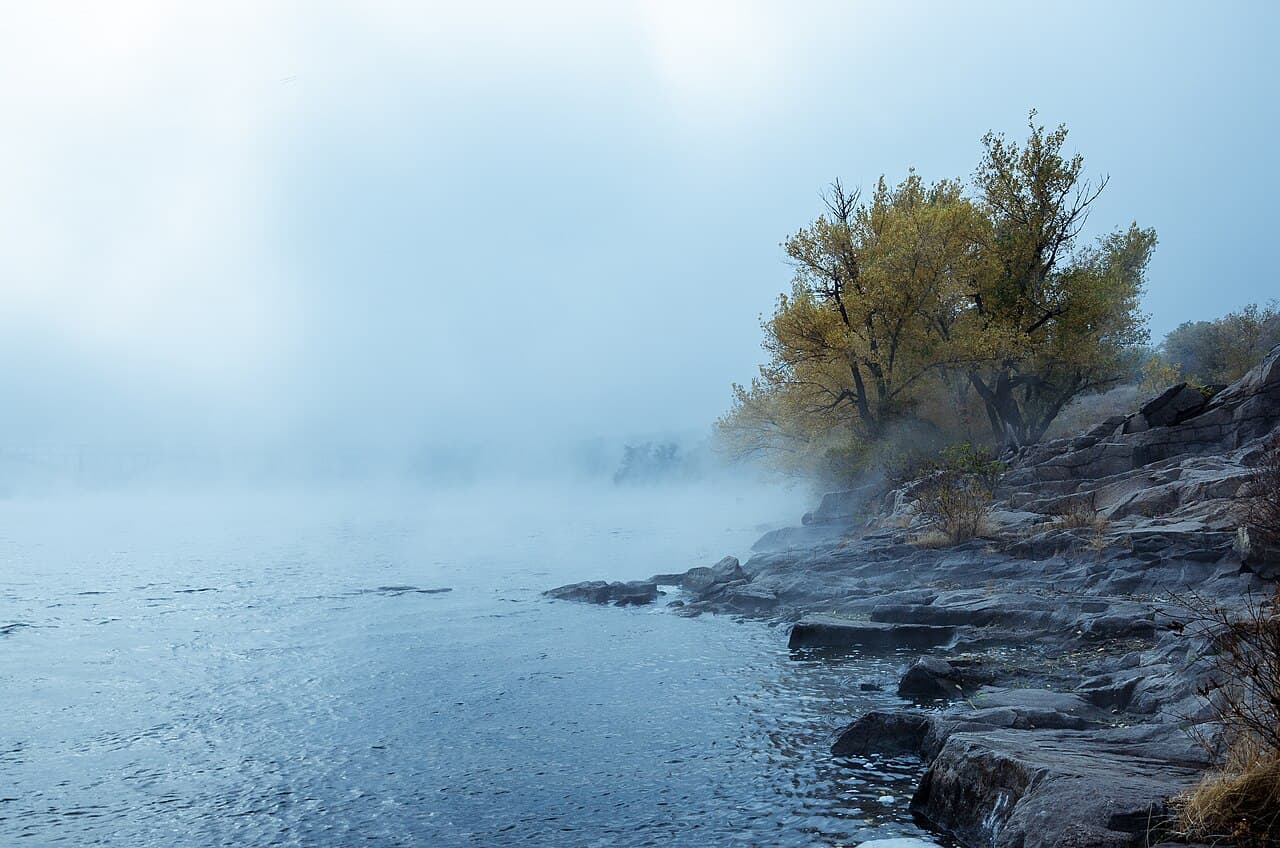 Granite shoreline of Khortytsia Island in the Dnipro River