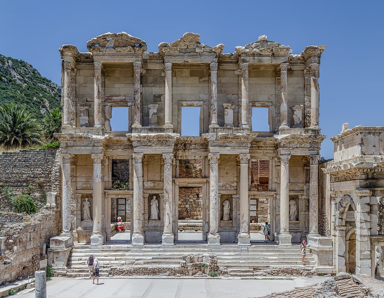 The two-storey marble facade of the Library of Celsus in ancient Ephesus