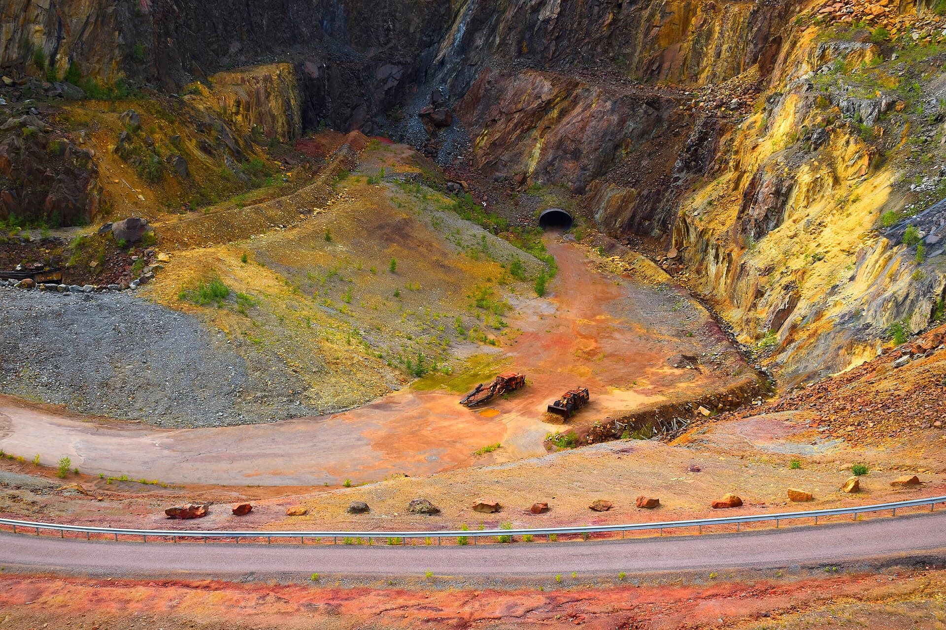 Terraced red-ochre quarry walls of Stora Stöten at the UNESCO-listed Falu Gruva copper mine in Falun