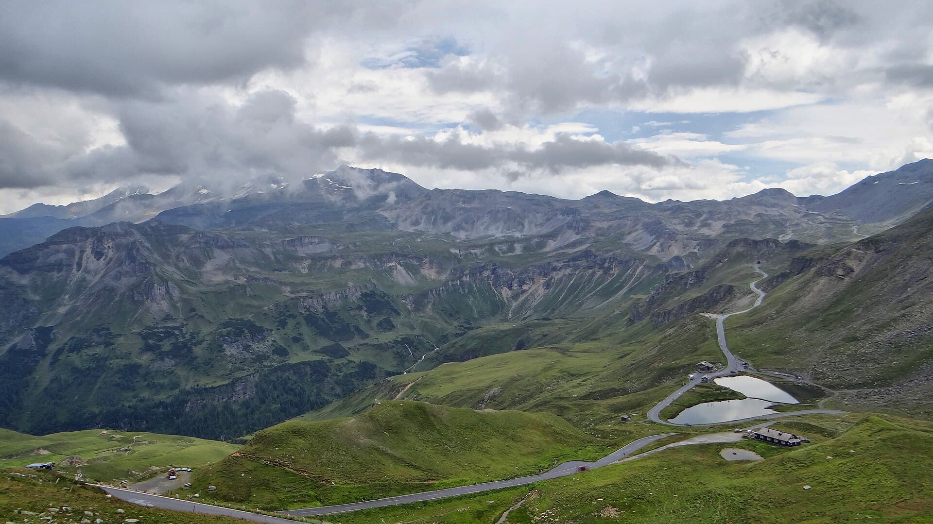 The serpentine curves of the Grossglockner High Alpine Road threading through high mountain passes in Hohe Tauern