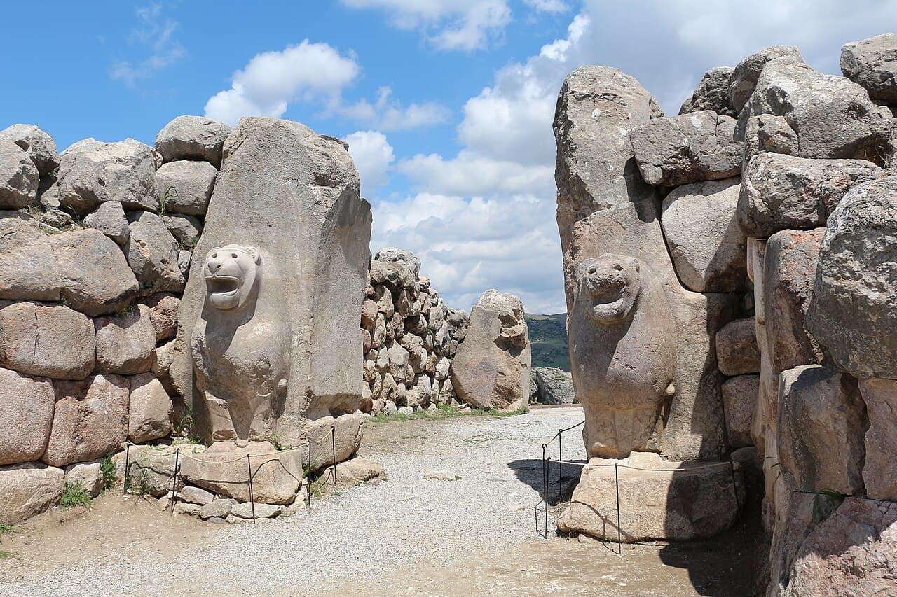 Monumental stone Lion Gate of the Bronze Age Hittite capital Hattuşa near Boğazkale