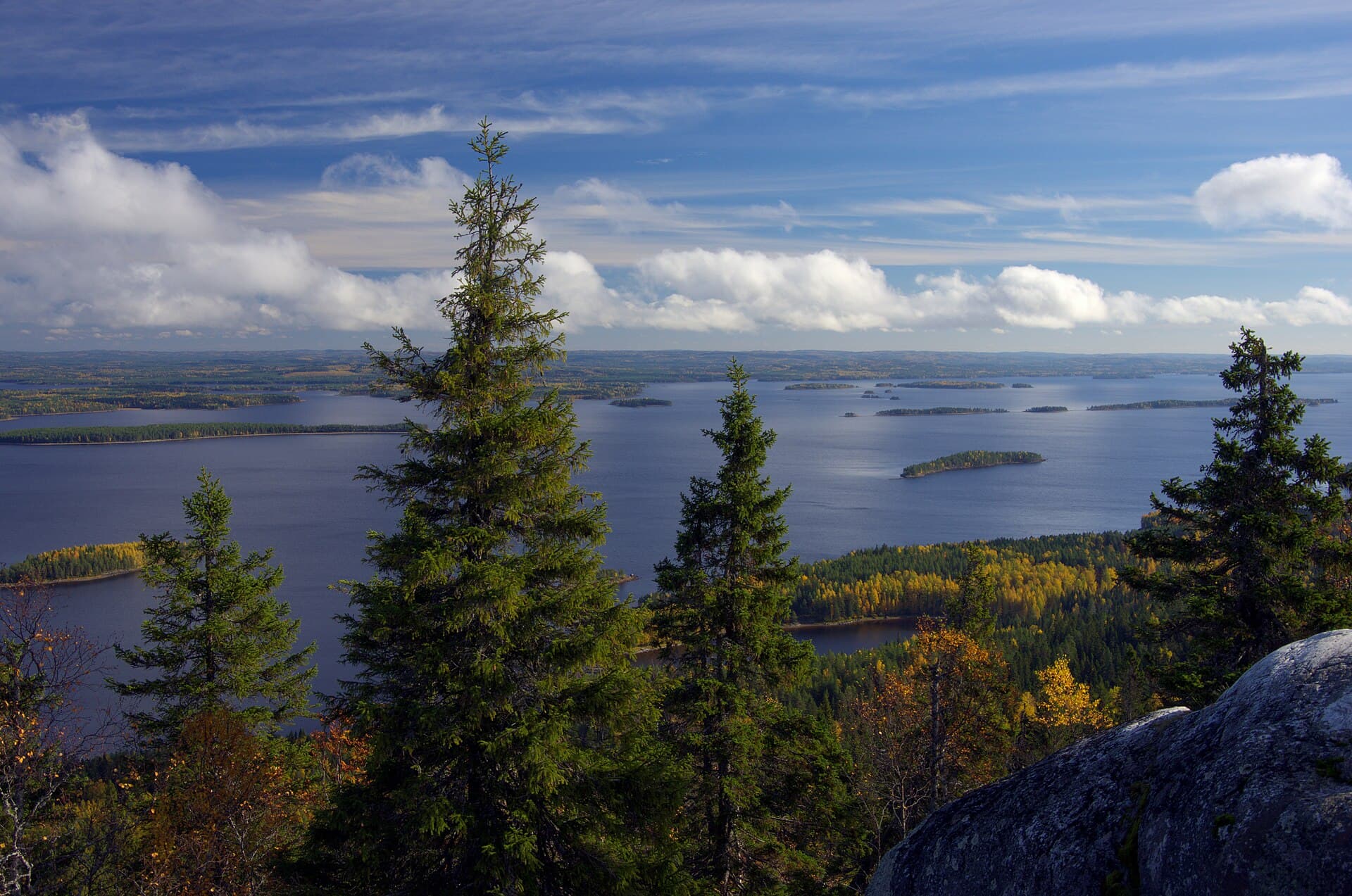 Iconic national landscape panorama from Ukko-Koli quartz peak over island-dotted Lake Pielinen