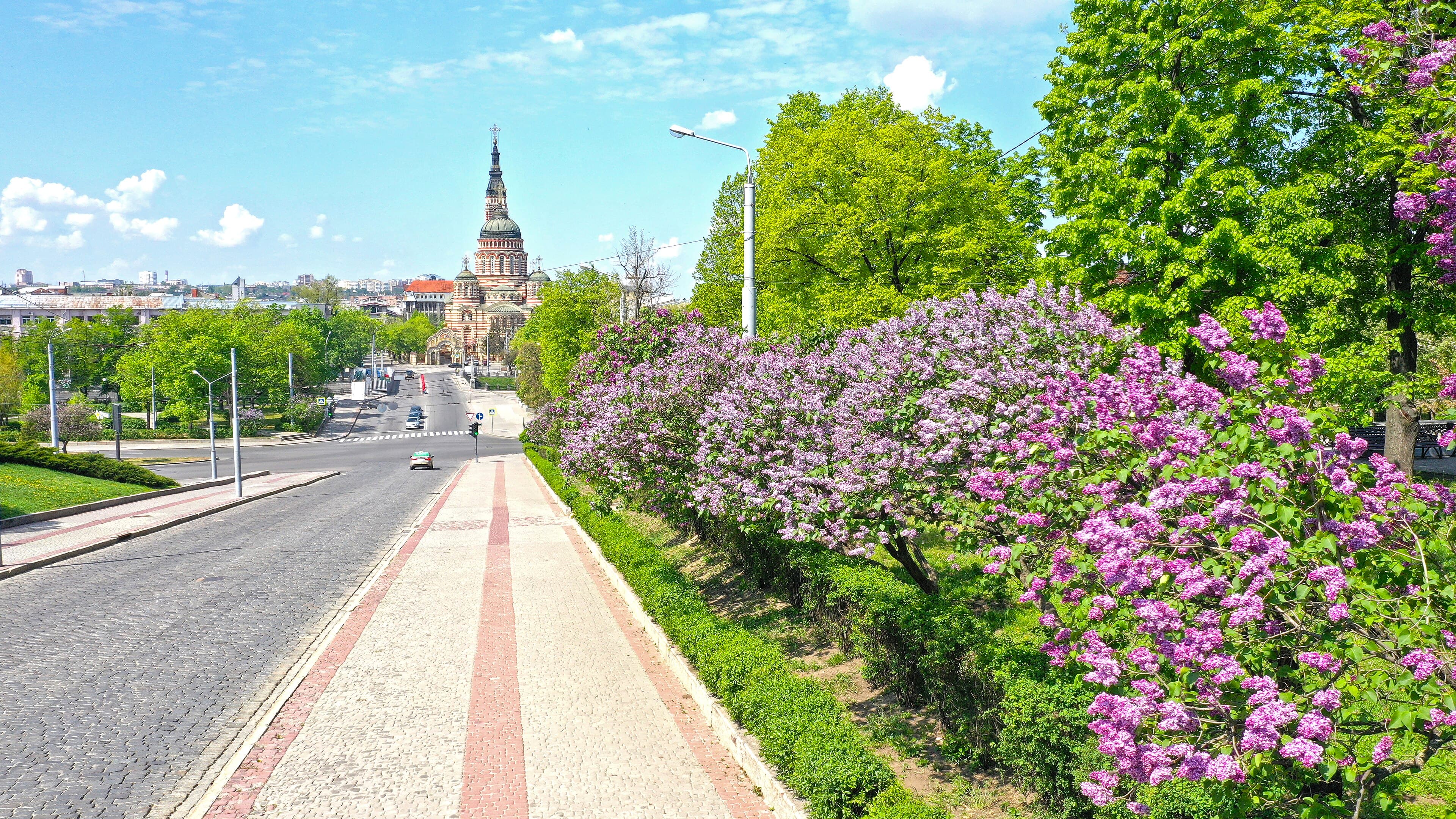 Spring lilacs and the striped domes of Annunciation Cathedral in Kharkiv