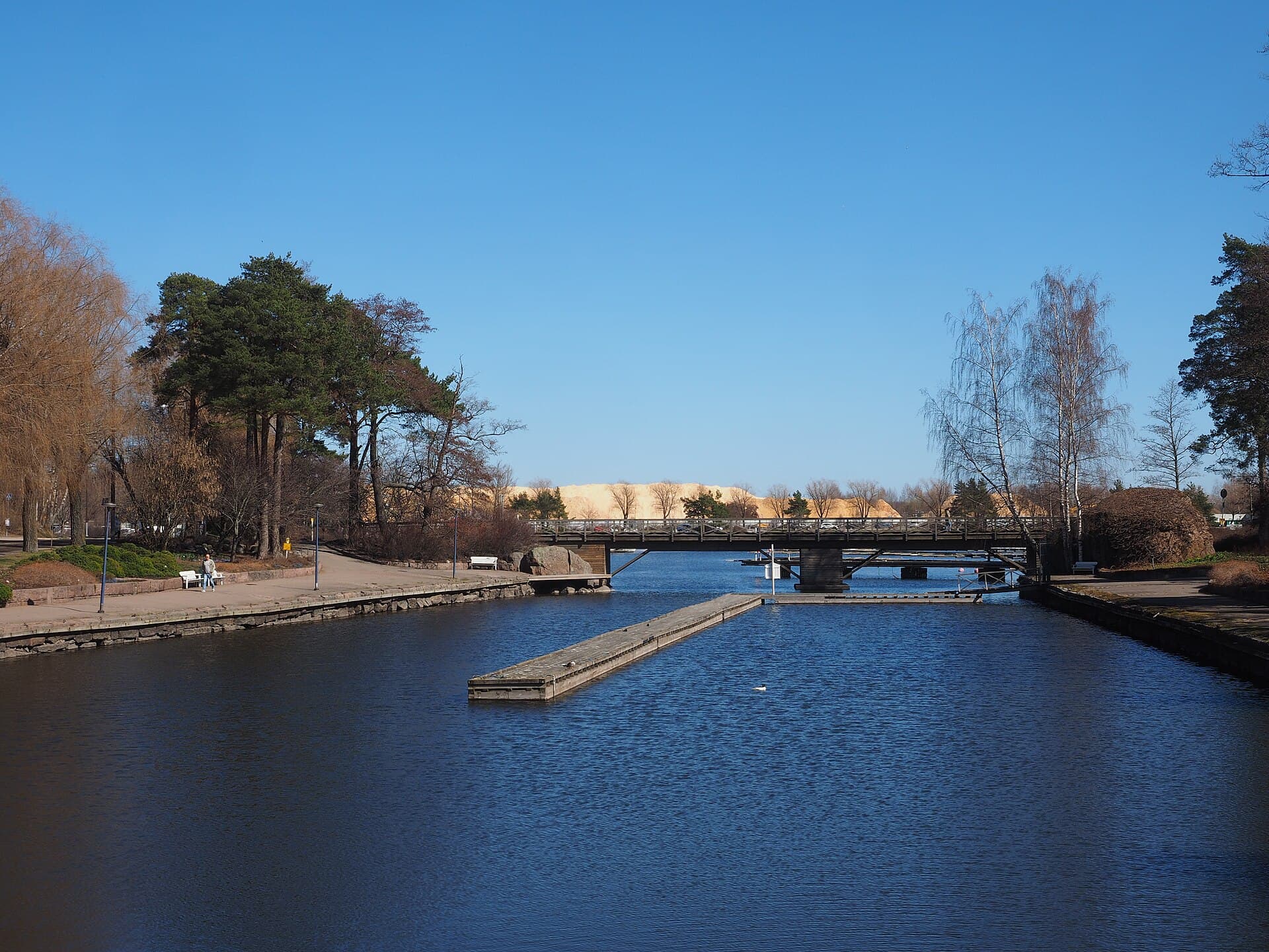 Cascading rock waterfalls and stone bridges in Sapokka Water Garden in the coastal port of Kotka
