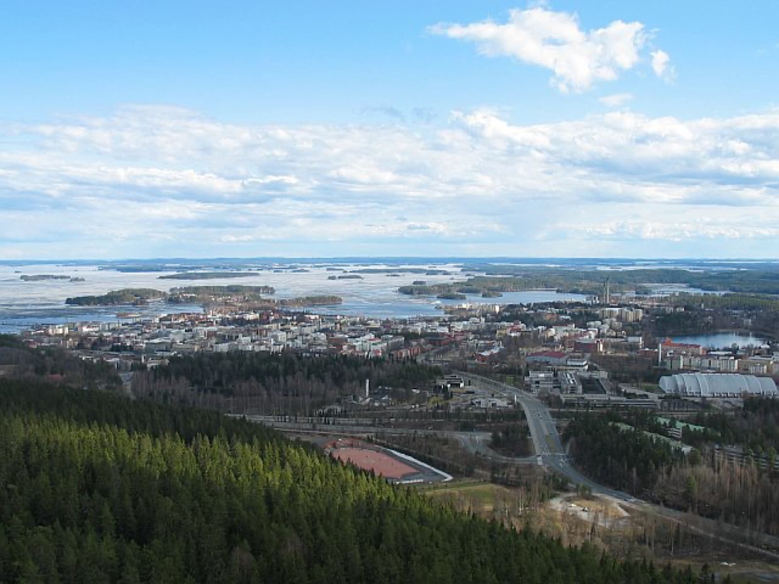 The panoramic 75-metre Puijo Tower rising above ancient spruce forests overlooking the sparkling labyrinth of Lake Kallavesi in Kuopio