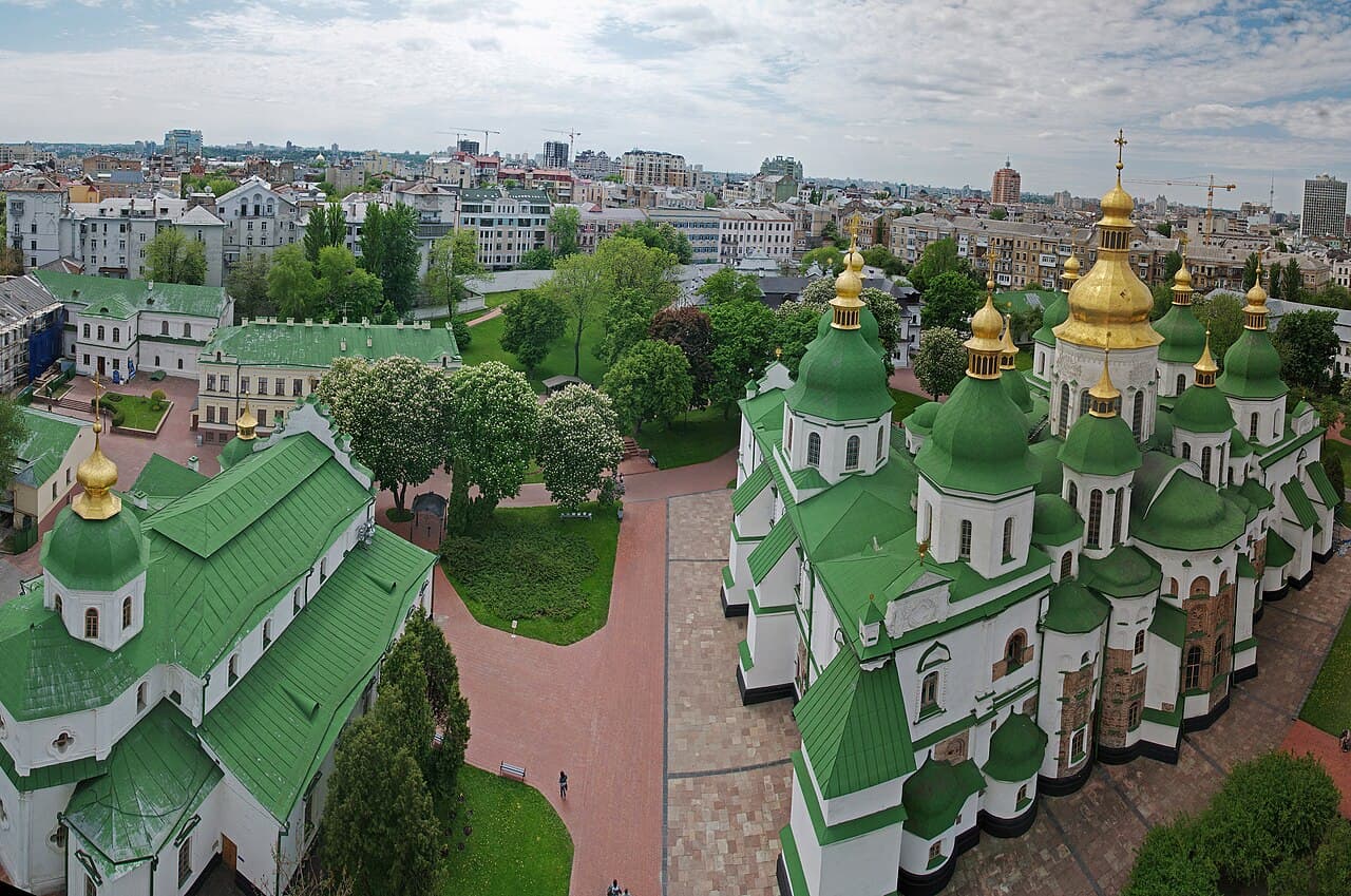 Green and gold domes of Saint Sophia Cathedral in Kyiv