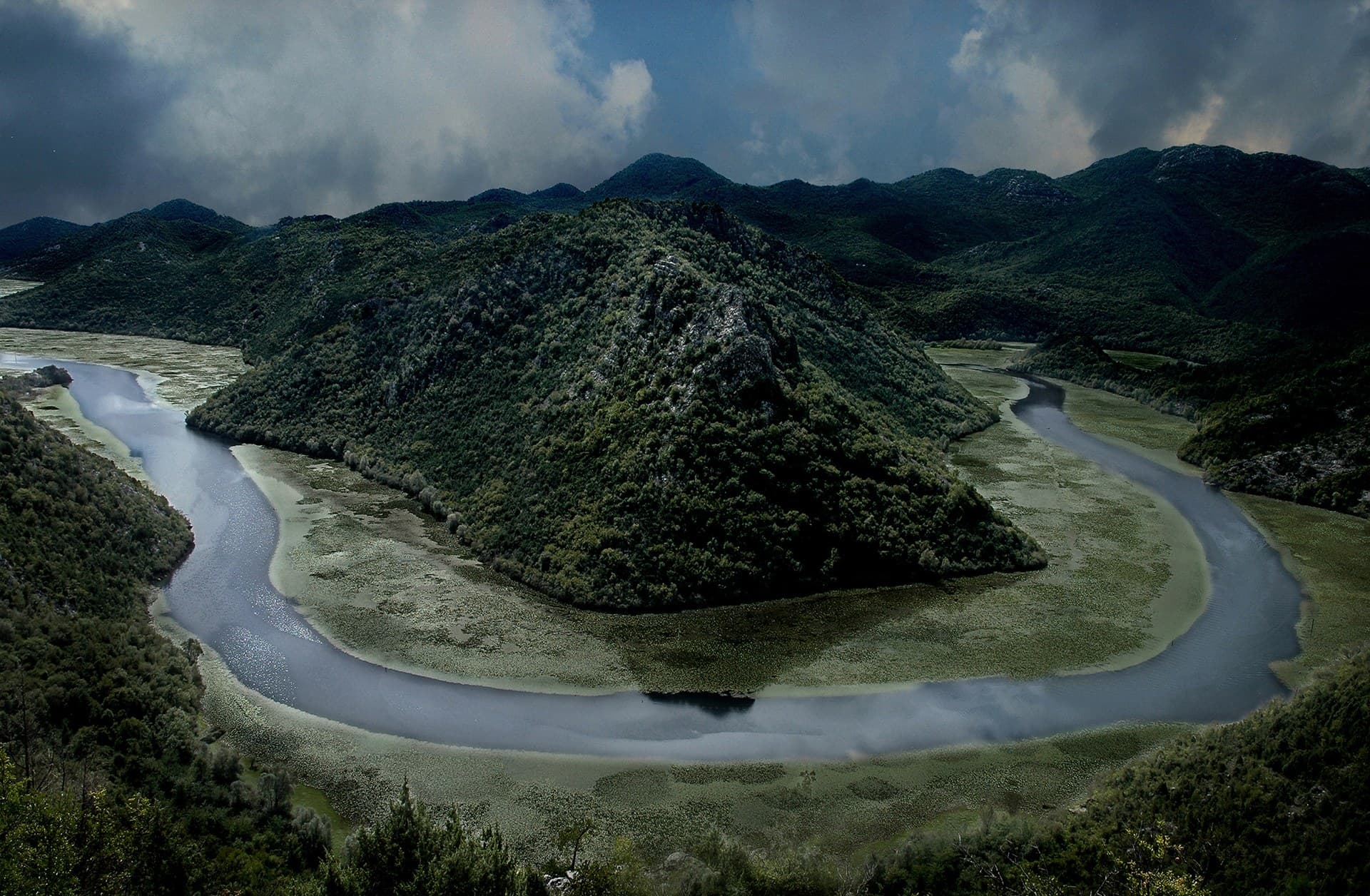 Iconic horseshoe bend of the Crnojević River at Pavlova Strana flowing into Lake Skadar