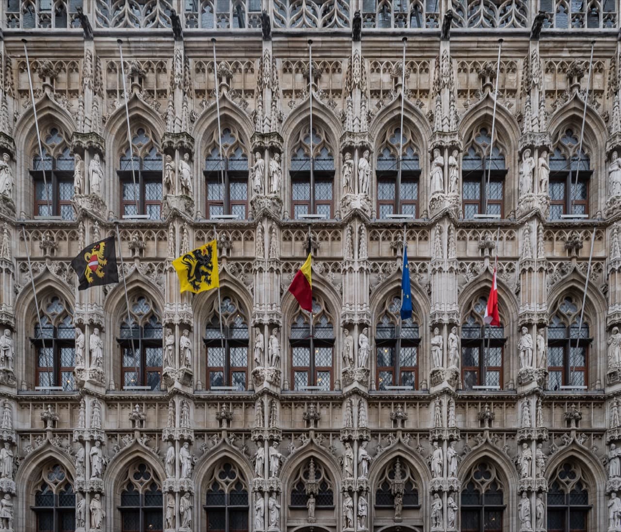 The ornate Brabantine Gothic Town Hall of Leuven with its 236 niche statues on Grote Markt
