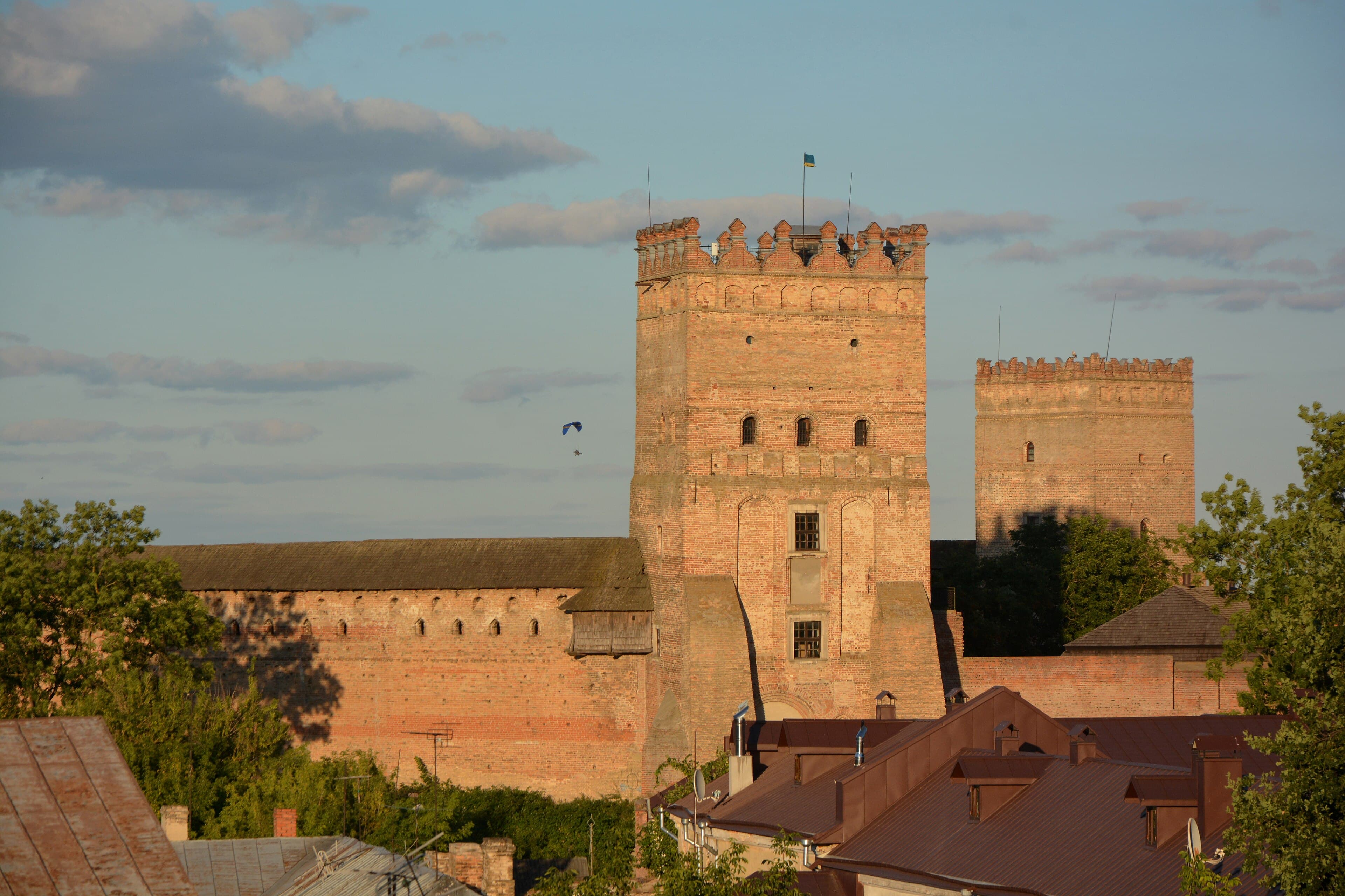 Entrance tower and brick walls of Lubart's Castle in Lutsk