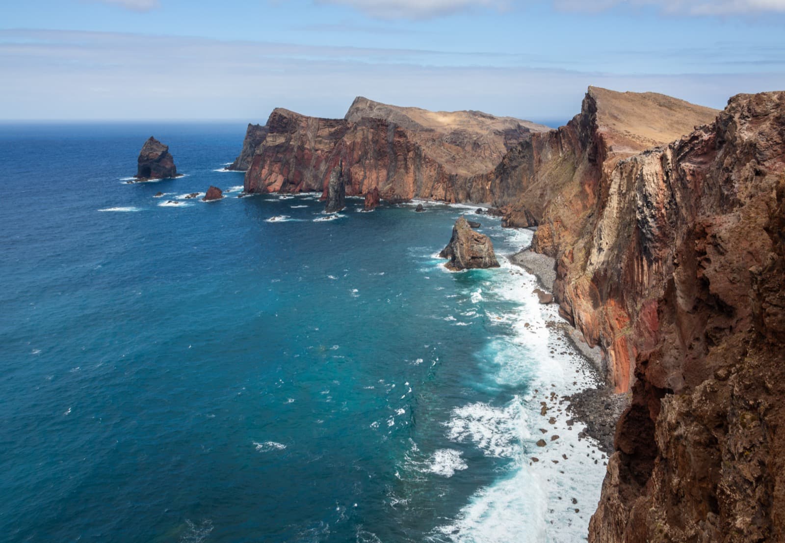 Rugged volcanic cliffs and sea pillars at Ponta de São Lourenço in Madeira
