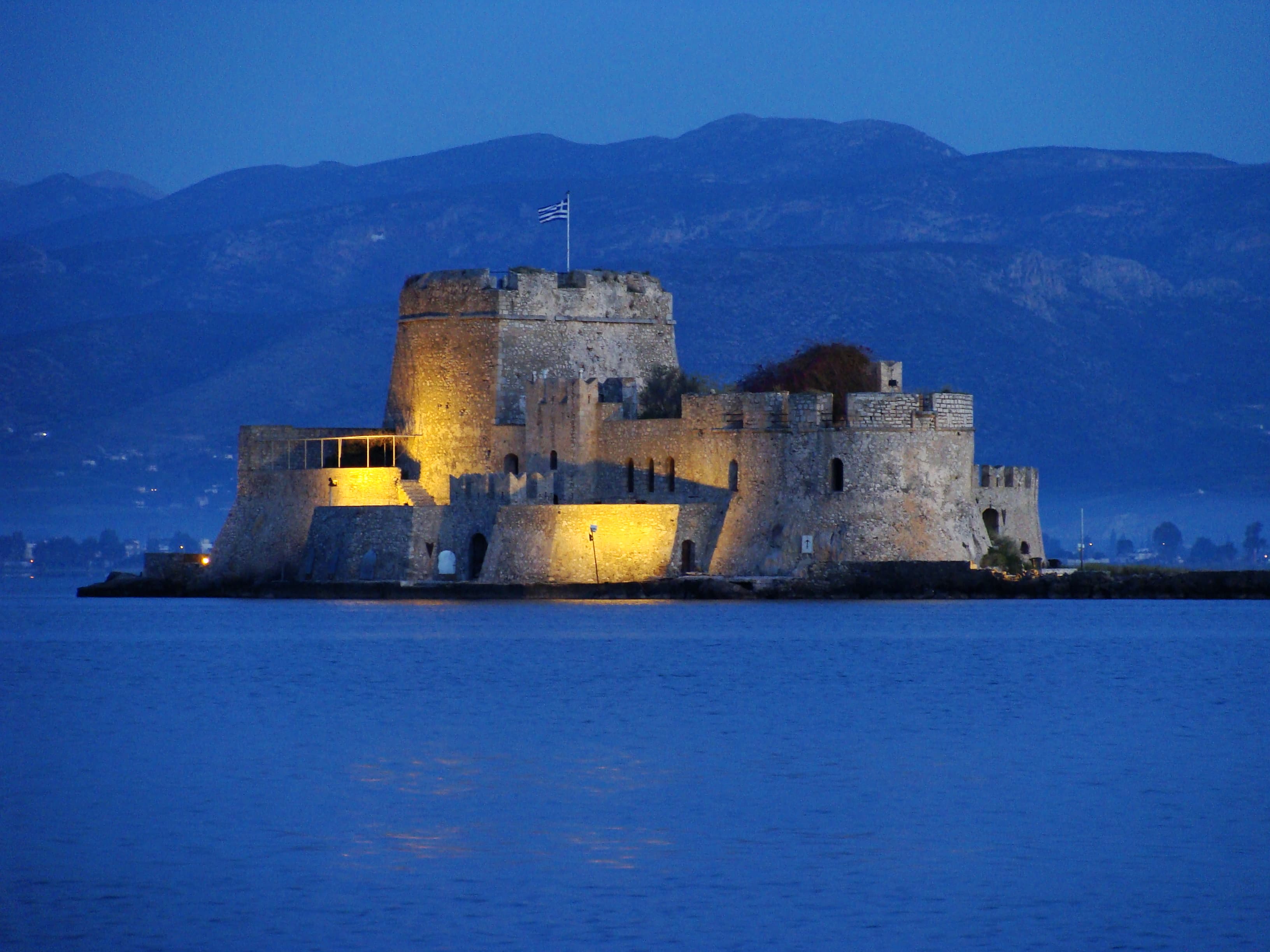 The Venetian island fortress of Bourtzi floating in the Argolic Gulf at Nafplio