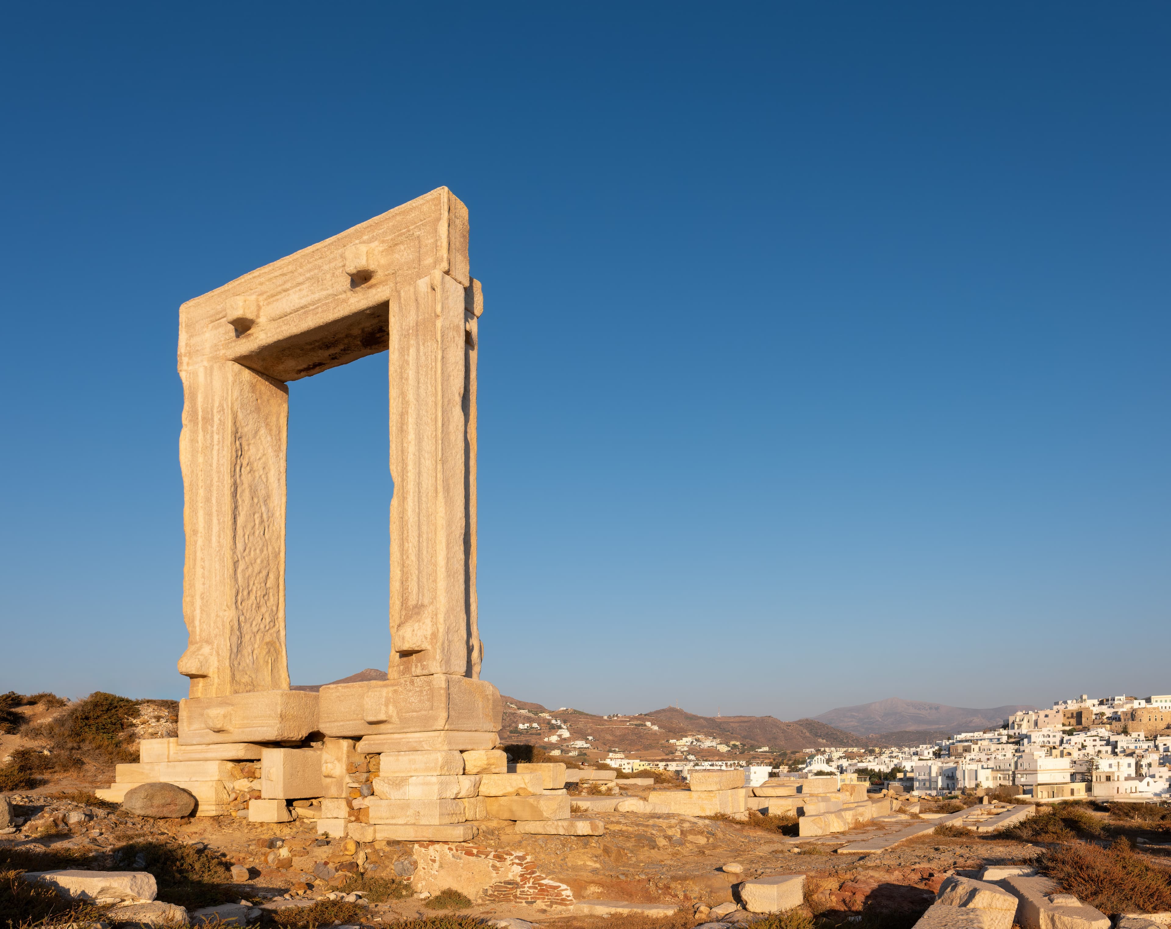 The ancient marble Portara gateway of the Temple of Apollo looking out to sea on Naxos