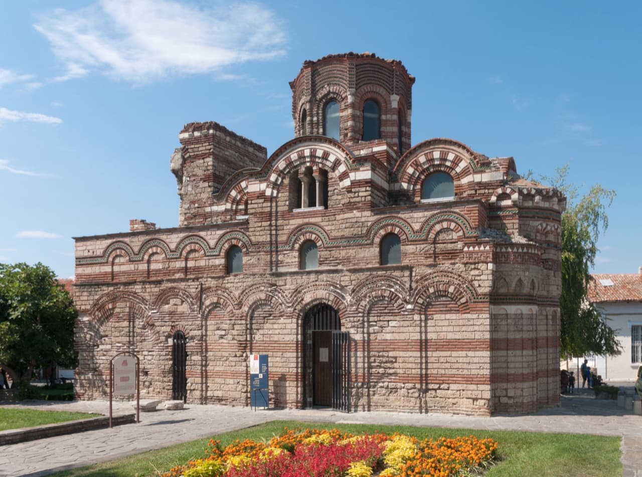 The ornate brickwork and ceramic rosettes of the medieval Church of Christ Pantocrator in coastal Nessebar
