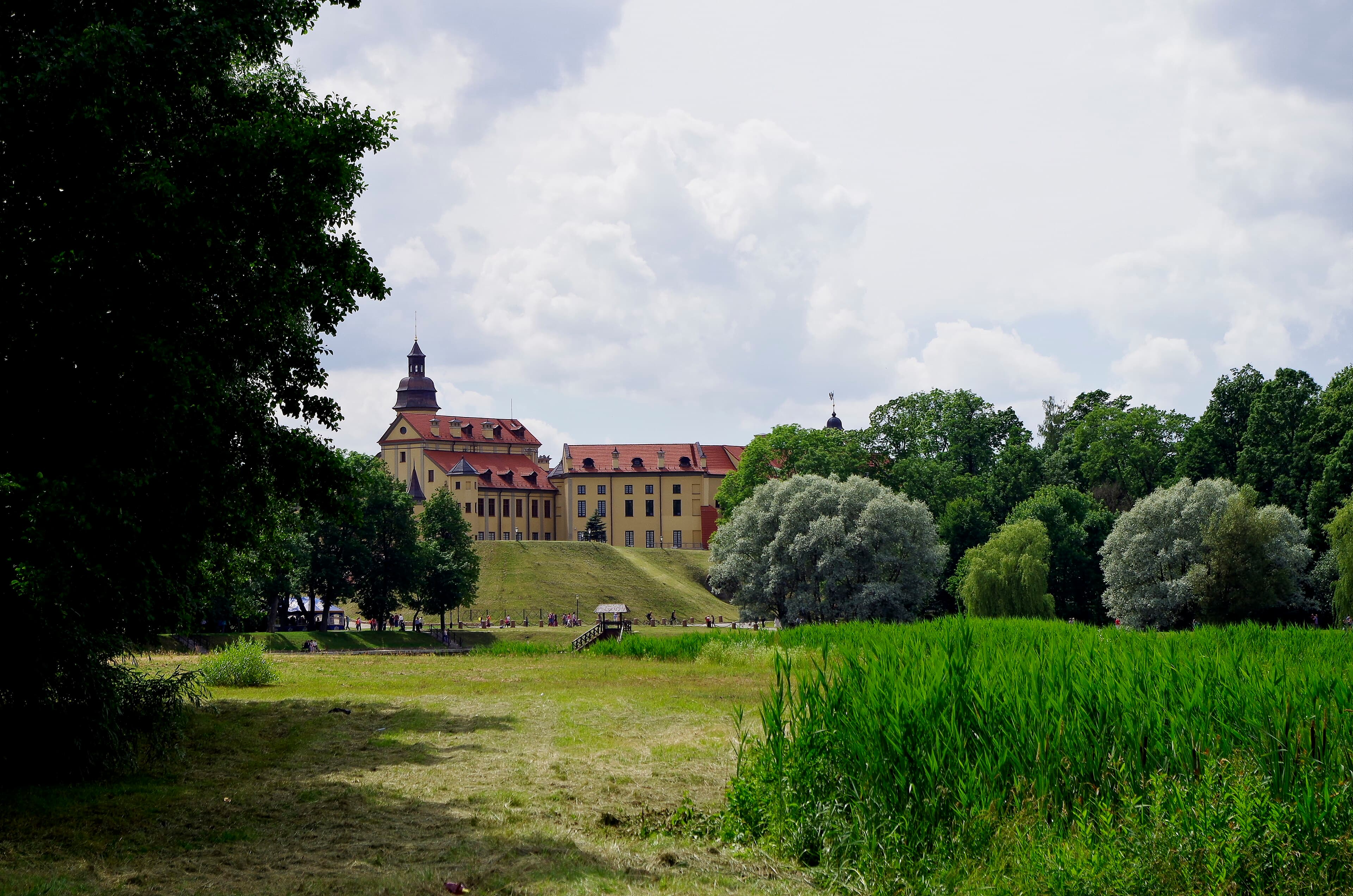 Nesvizh Castle across its surrounding park and meadows