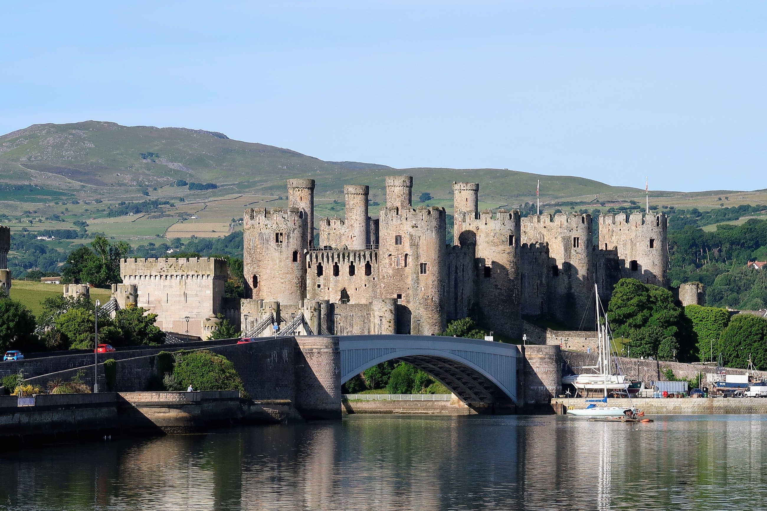 Conwy Castle above the walled town and estuary