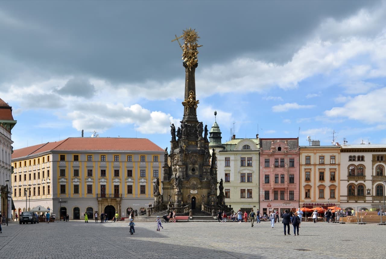 The monumental Baroque Holy Trinity Column standing on the Upper Square in Olomouc