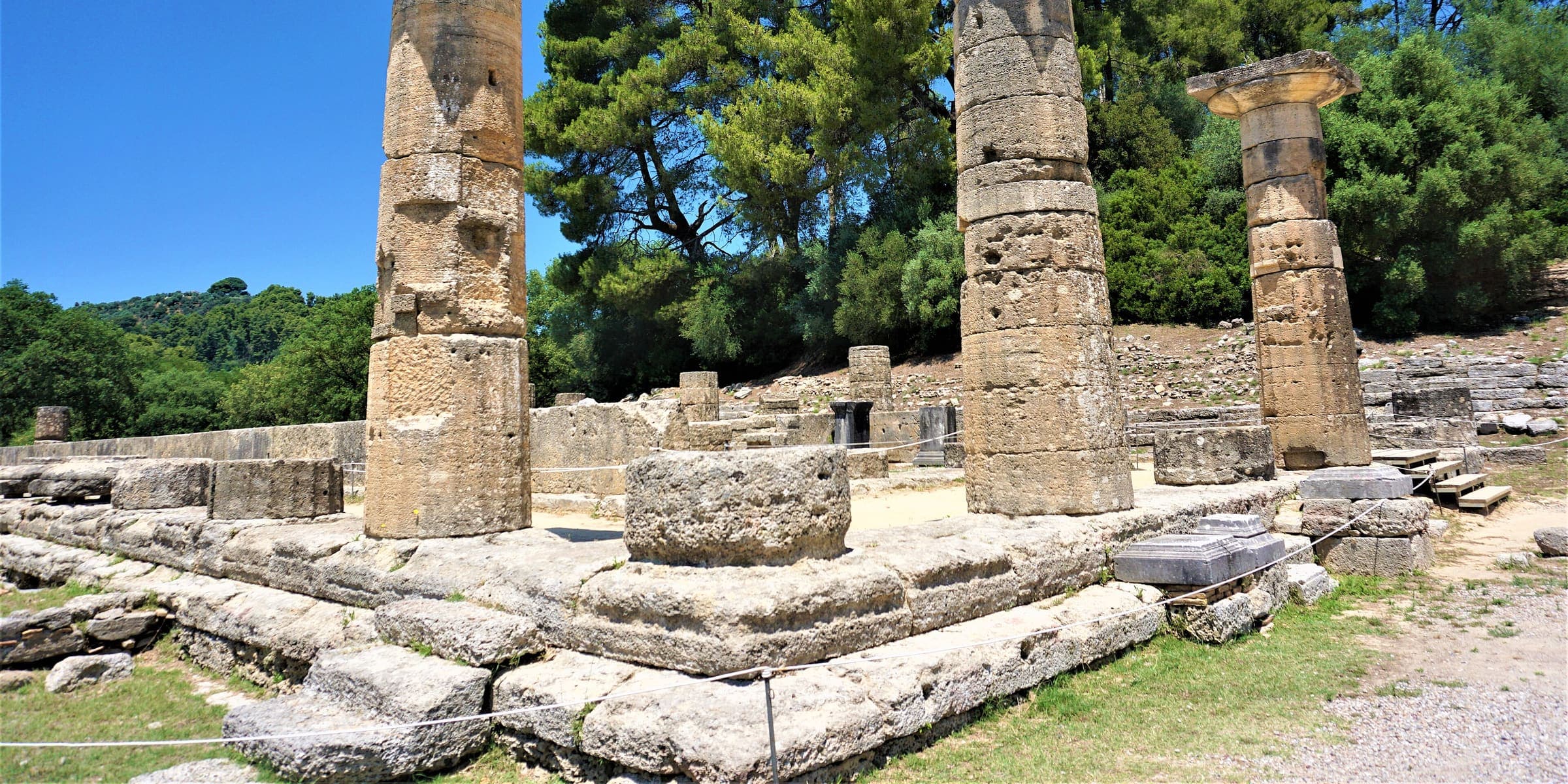 The columns of the Temple of Hera at Ancient Olympia among pines