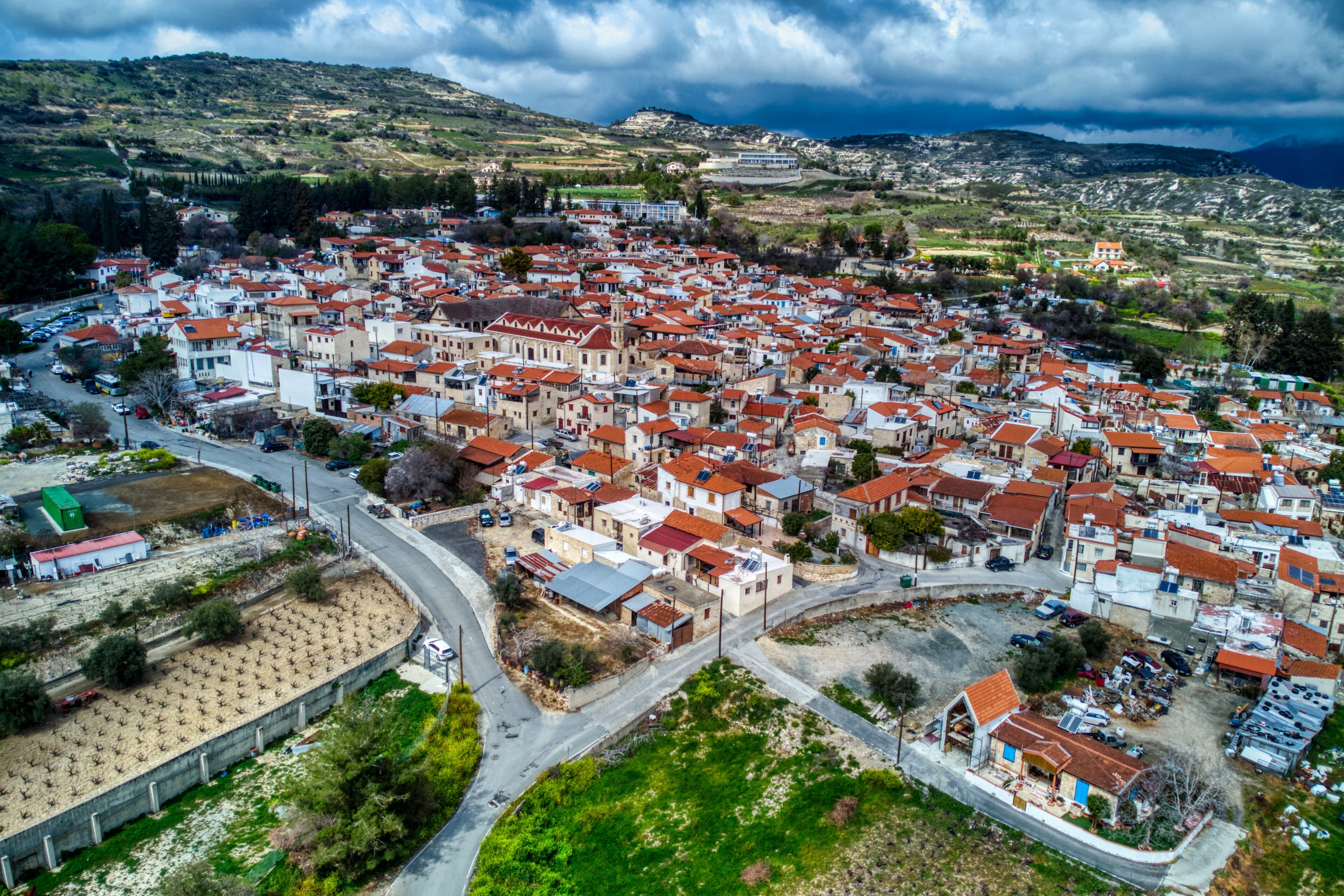 Omodos village surrounded by the vineyards of the Limassol district