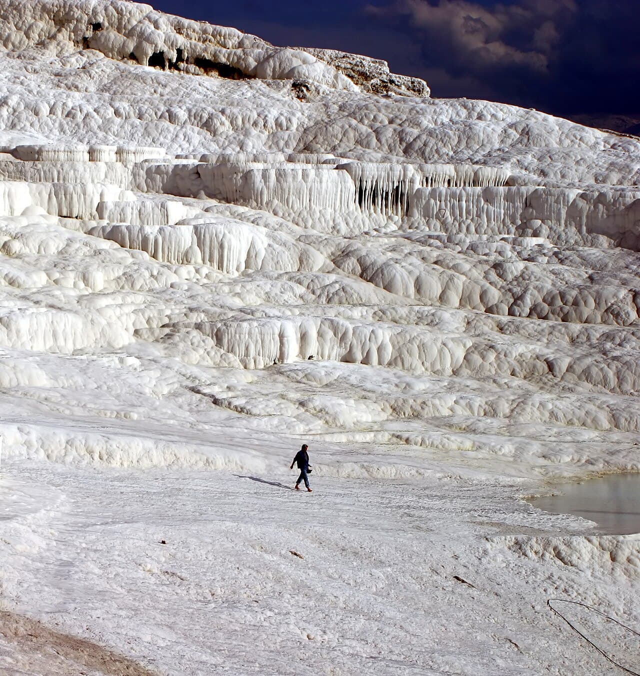 White travertine mineral terraces with turquoise thermal waters in Pamukkale
