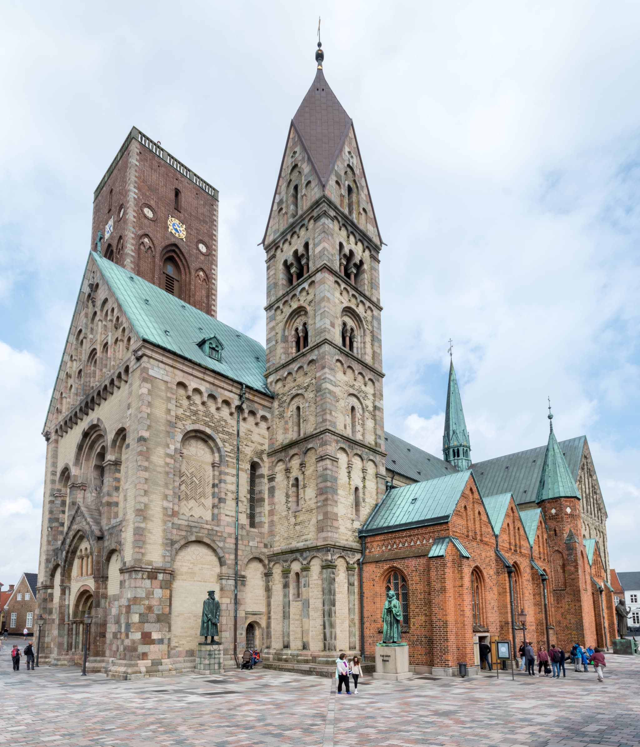 Ribe Cathedral towering over the cobblestone medieval roofline in southwest Jutland