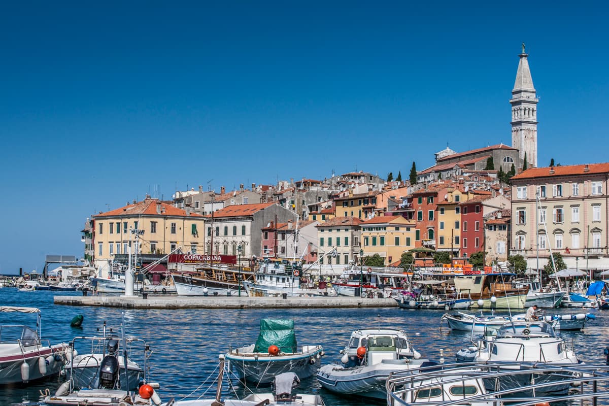 Rovinj's pastel houses on the rounded peninsula crowned by St. Euphemia church