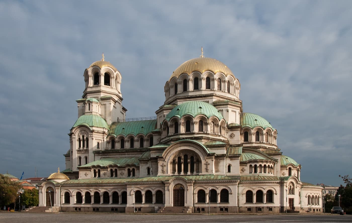 The gleaming gold and green domes of the Alexander Nevsky Memorial Cathedral in central Sofia