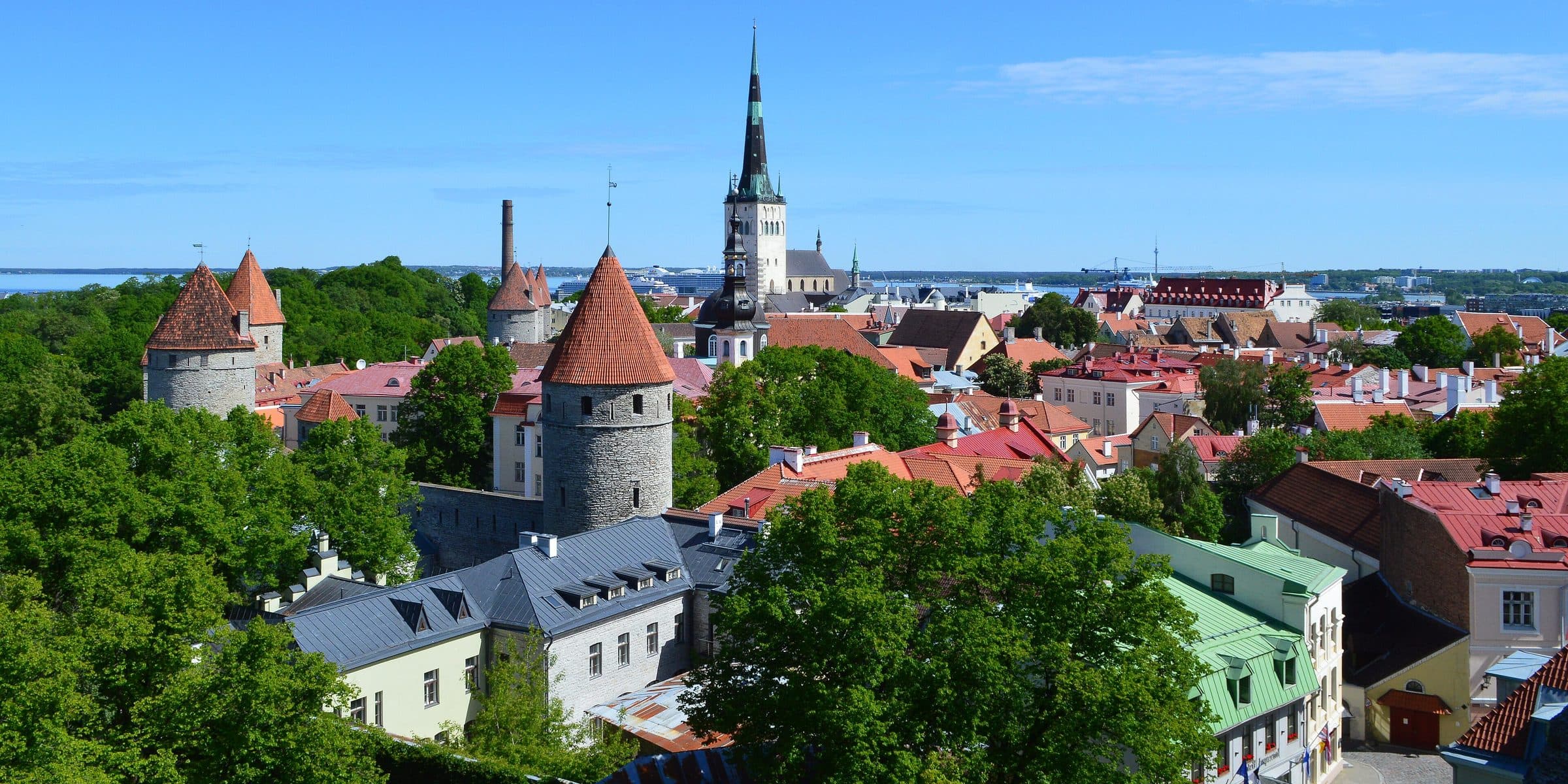 Red rooftops and defensive towers of Tallinn's Old Town seen from Toompea hill