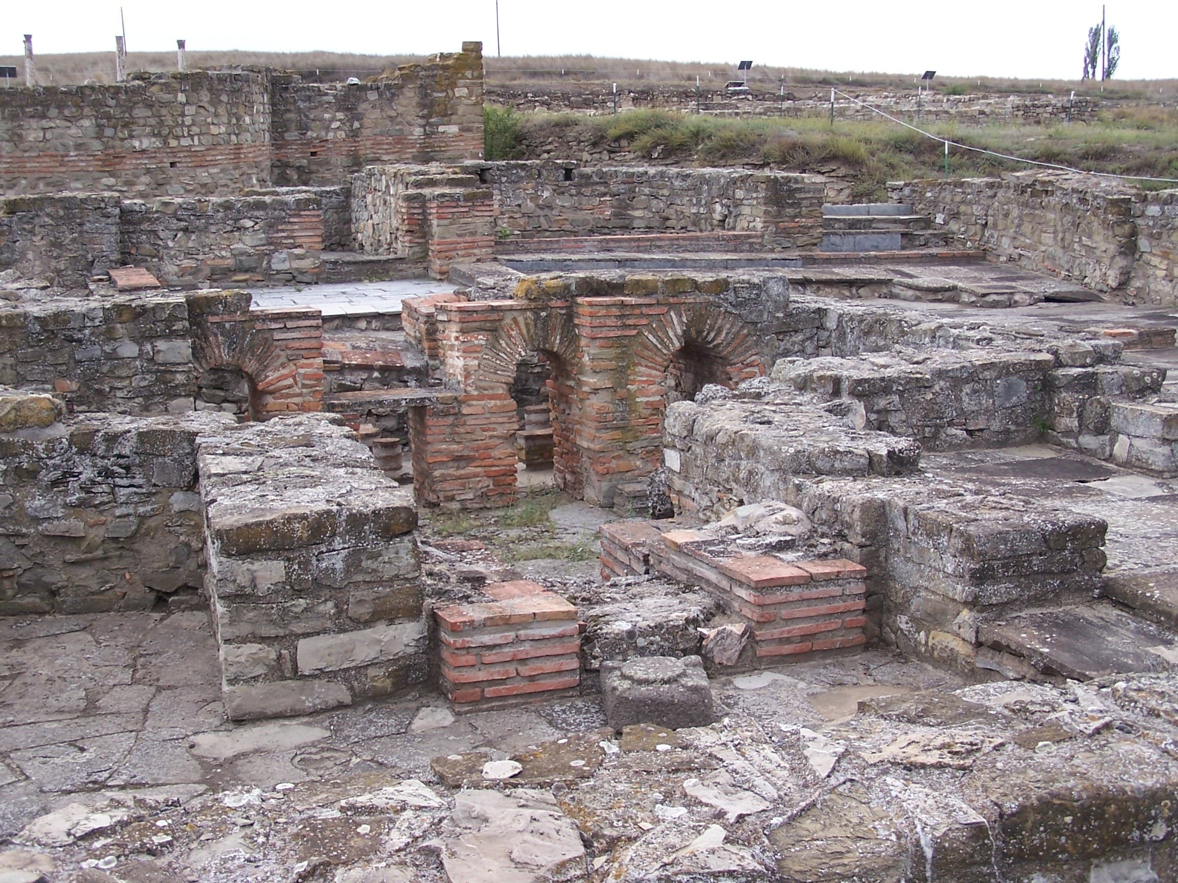 Excavated columns and mosaic floors of the Roman city of Stobi above the Vardar