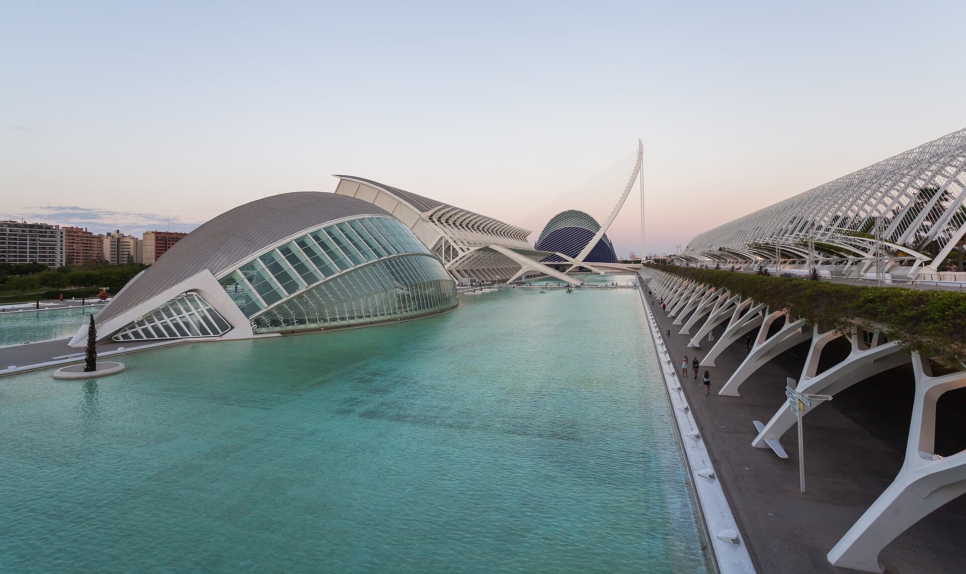 City of Arts and Sciences futuristic architecture reflected in turquoise water in Valencia