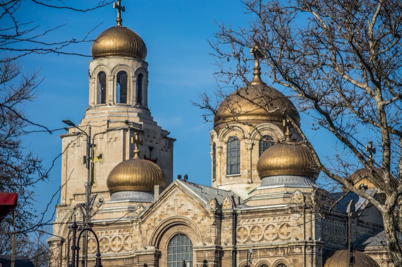 The ornate copper and gold-domed Cathedral of the Dormition of the Theotokos in central Varna