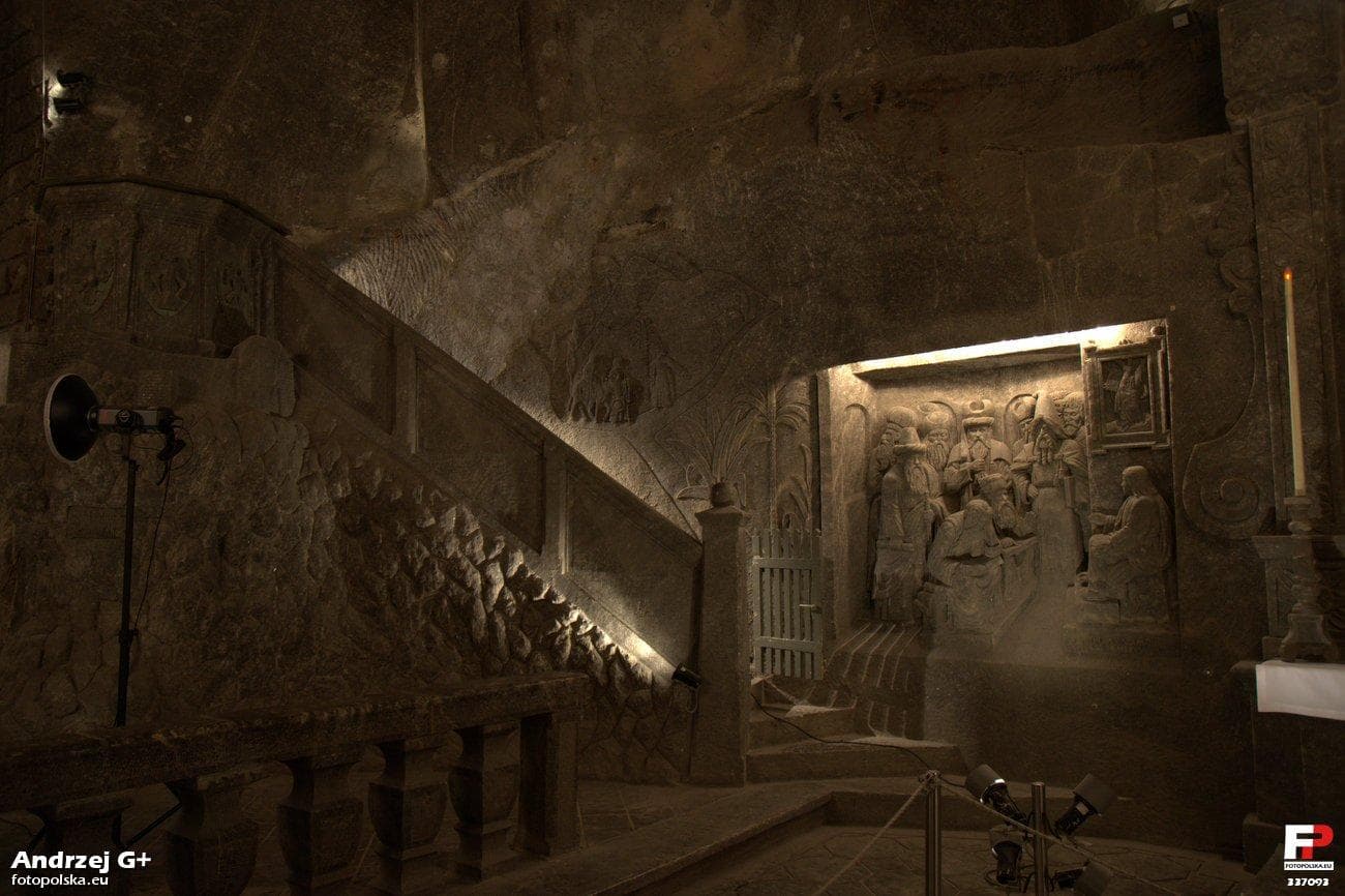 The vast underground Chapel of St. Kinga carved entirely from rock salt in Wieliczka