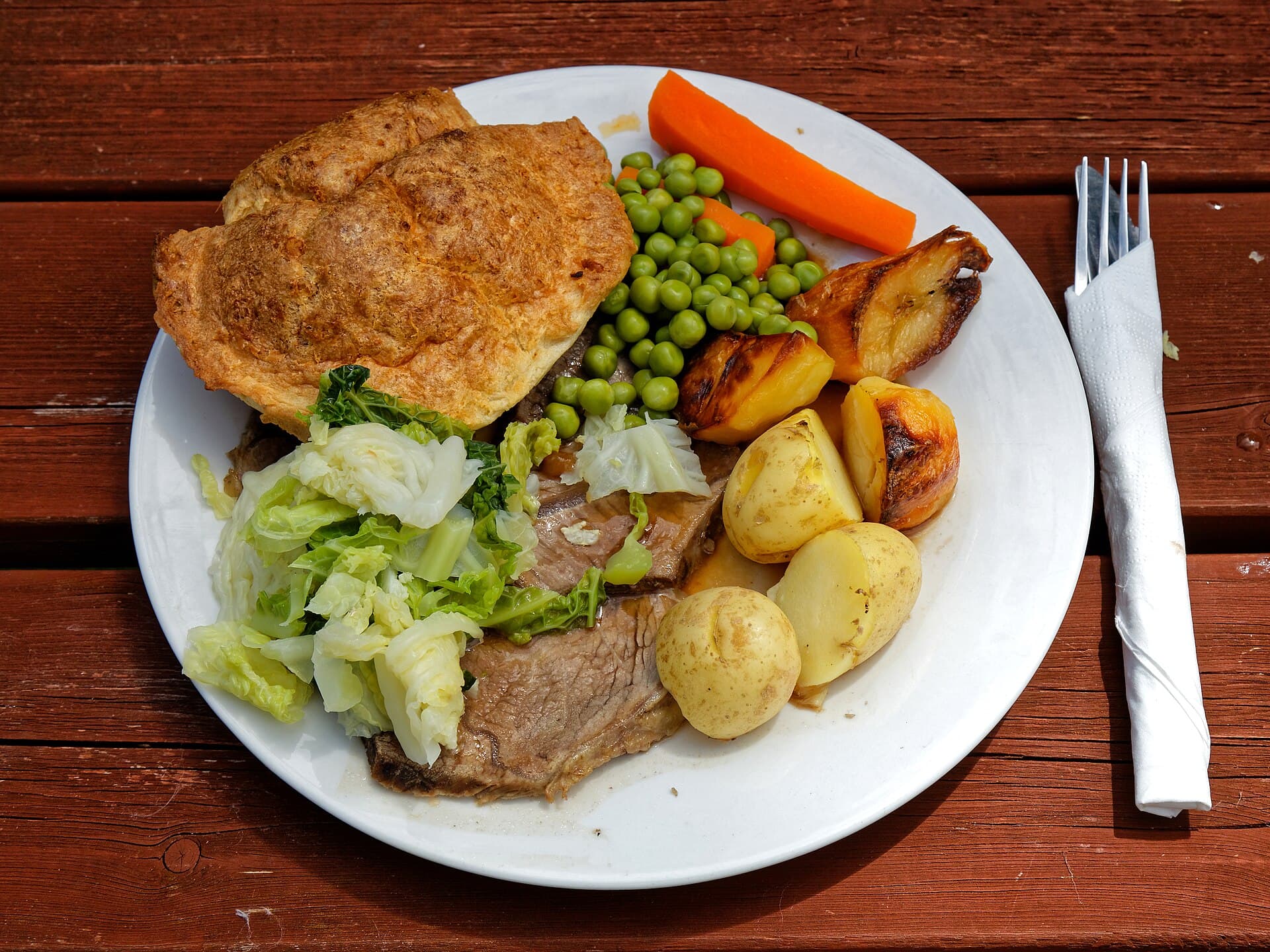 Traditional British Sunday roast dinner with Yorkshire pudding and gravy