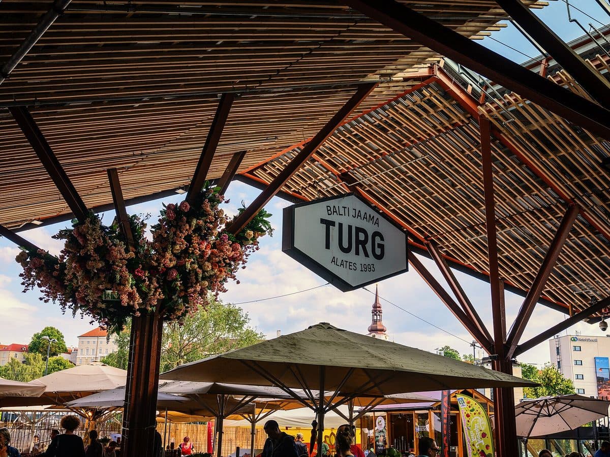 Timber roof and stalls inside Tallinn's Balti Jaama Turg market hall